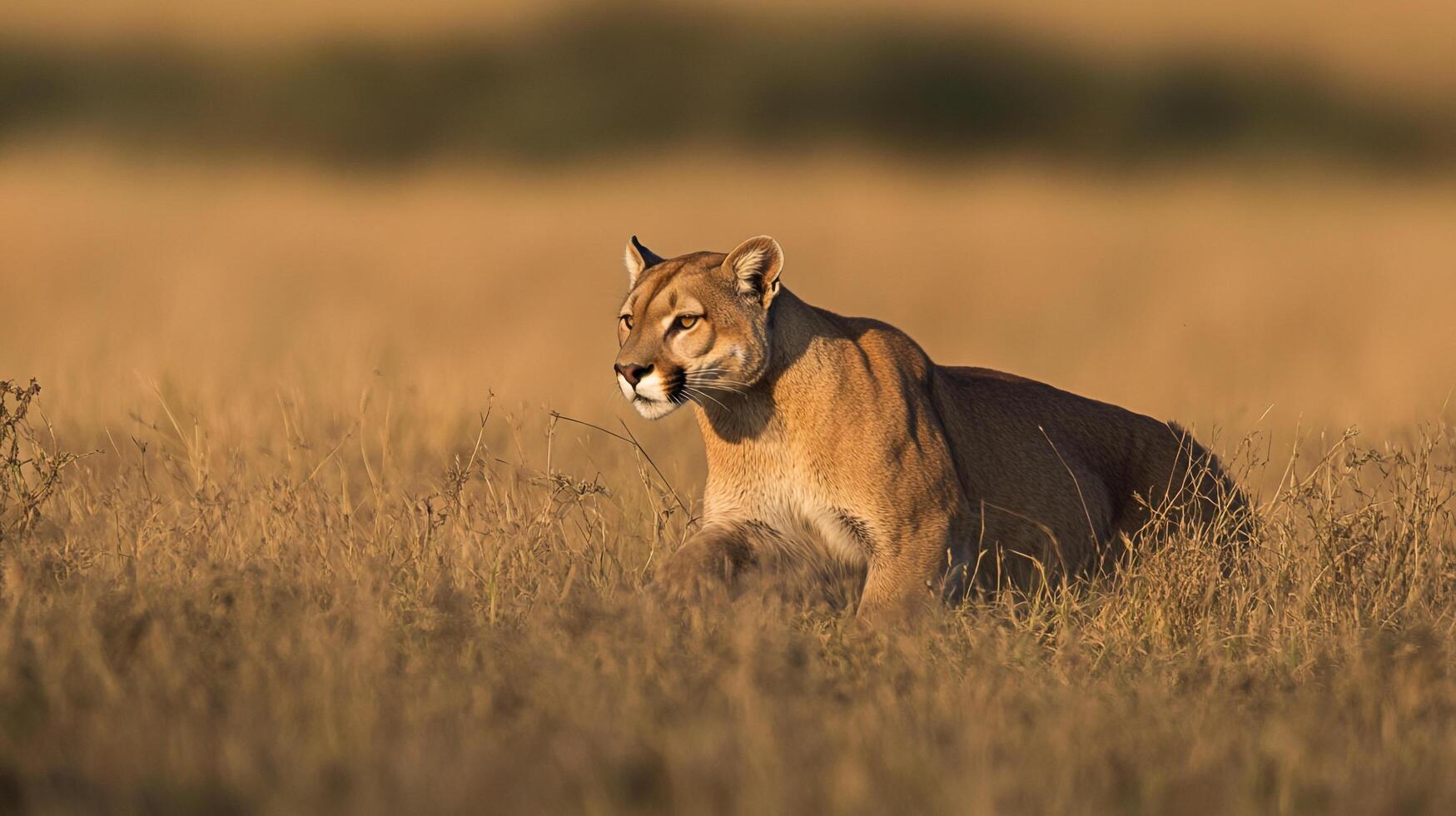 Focused cougar lounging in golden field, sunlight catching fur, creating serene and powerful portrait of wild nature. photo