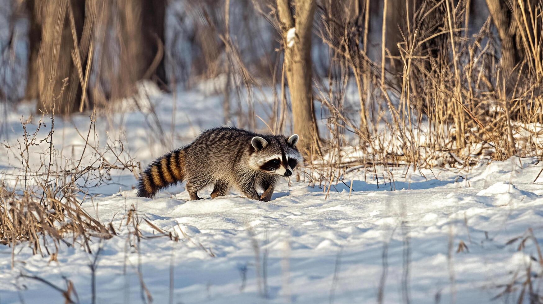 A raccoon with distinctive ringed tail navigates a snowy forest floor in winter, creating a scene of nature's resilience. photo