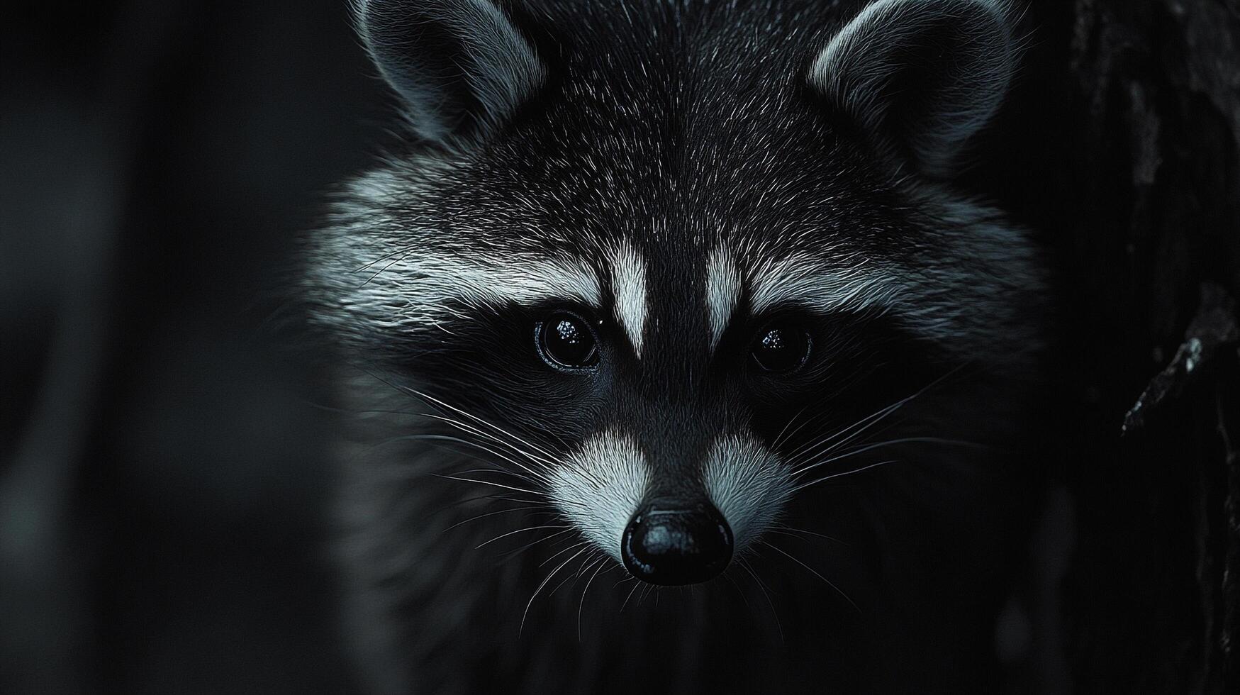 A captivating portrait of a raccoon, its intense gaze piercing the shadows with striking detail and beautiful contrasts of tones. photo