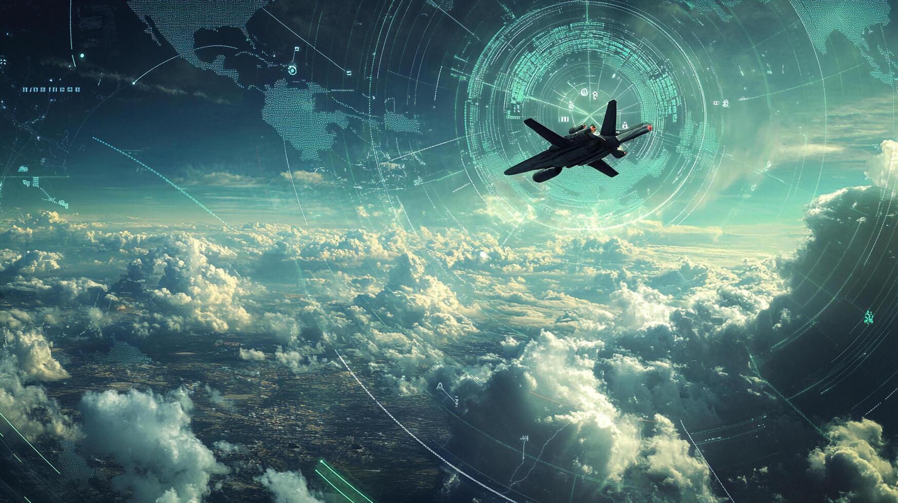 Advanced aerial view of a jet in the sky with a backdrop of clouds, enhanced with overlaid global network visualizations. photo