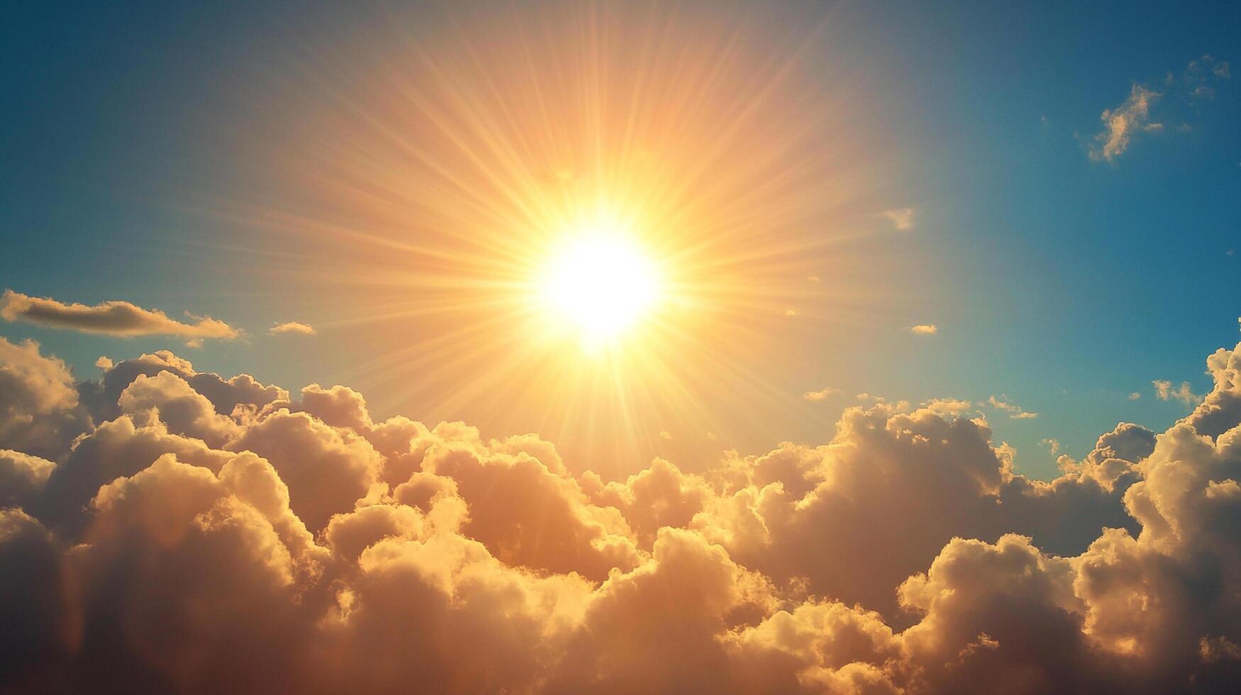 Radiant sunlight pierces through fluffy clouds, creating a stunning spectacle. The bright sky offers warmth and invites you to look up and dream. photo
