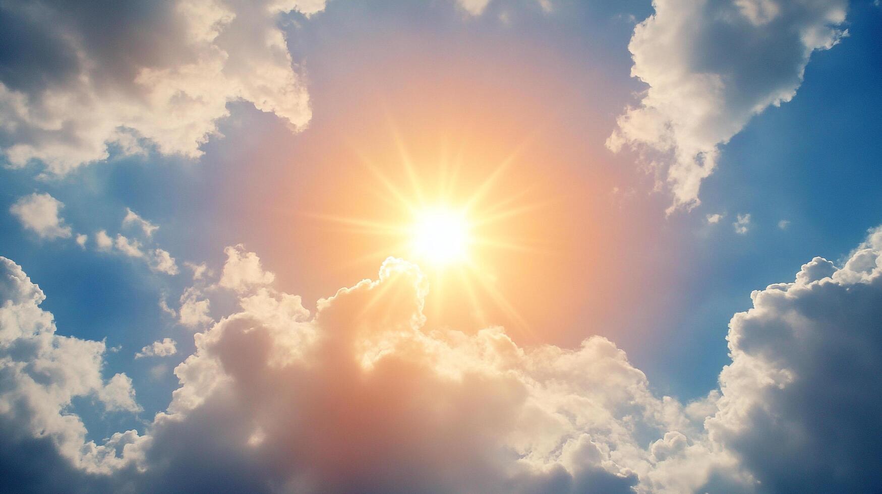 Radiant Sunlight Breaking Through Fluffy White Clouds in a Vibrant Blue Sky, a Beacon of Hope and Warmth on a Sunny Day photo