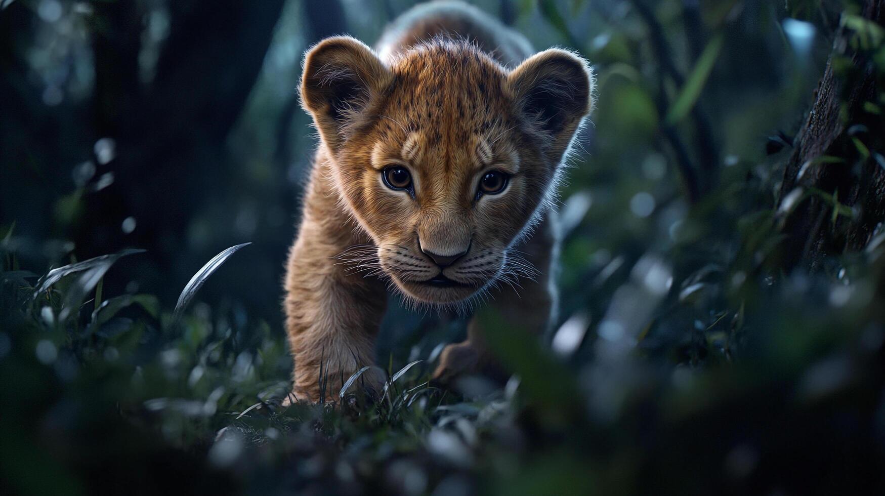 Focused lion cub explores through tall grass. The young animal has its eyes fixed on the viewer, curious and fearless in its adventure. photo