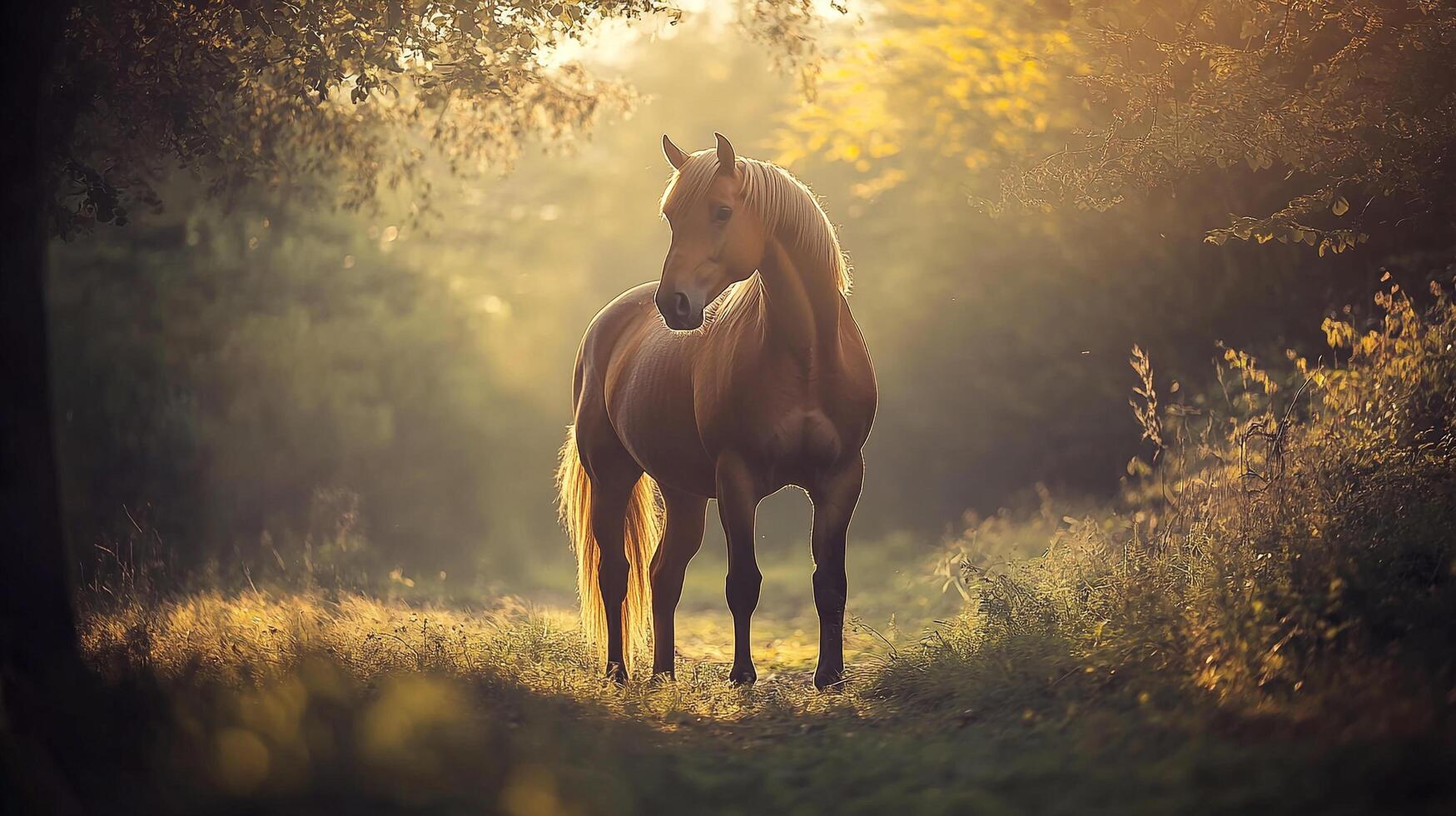 Majestic horse standing gracefully in a sunlit forest clearing, bathed in golden light and surrounded by nature's beauty. photo