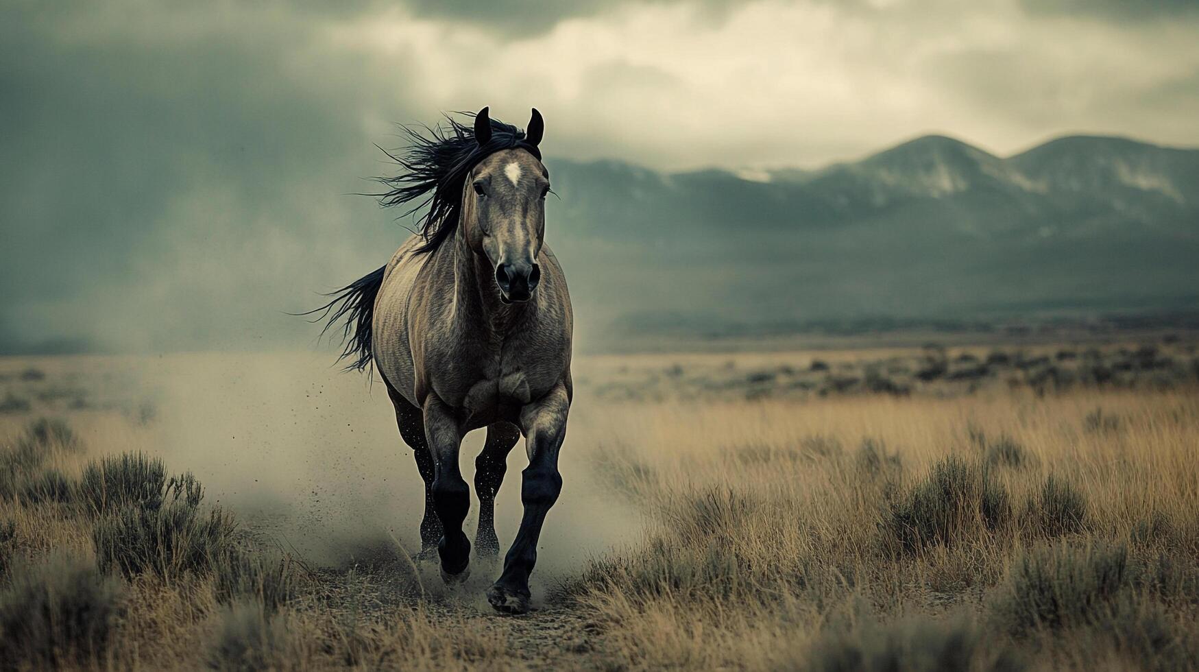 Wild horse galloping across open plains under stormy skies. Majestic animal evokes freedom and nature. Power and beauty unite. photo