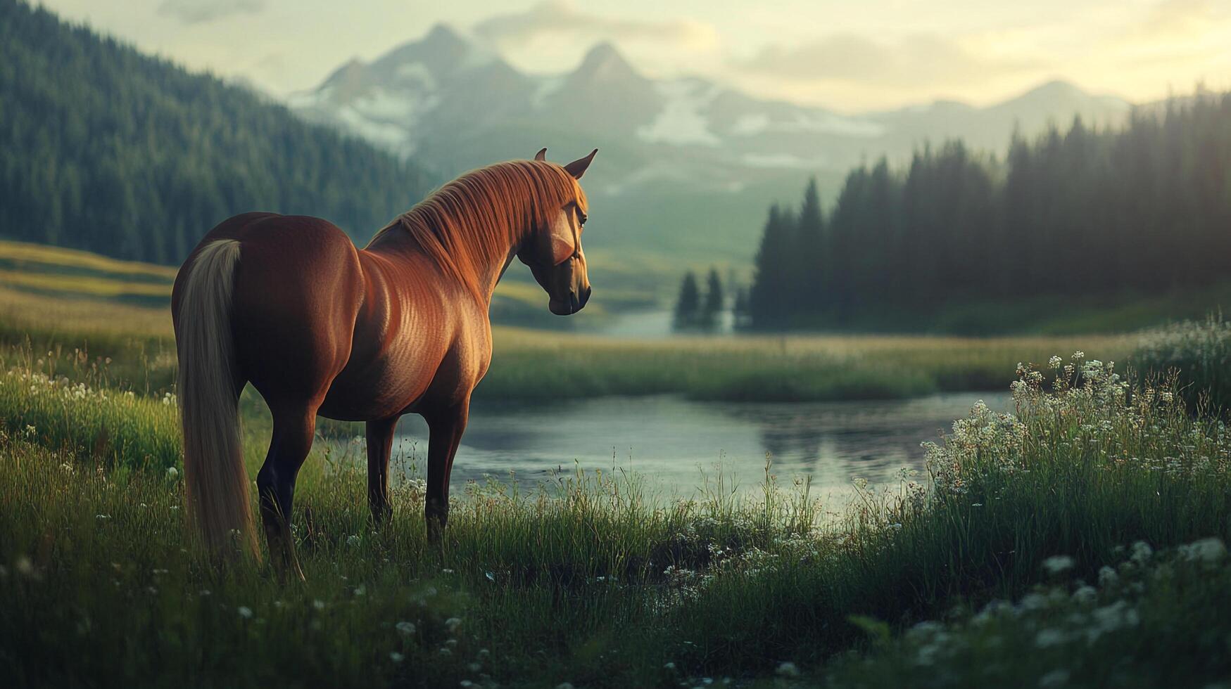 Majestic horse stands by a serene lake amidst mountainous scenery, its coat gleaming in the soft light of early morning. photo