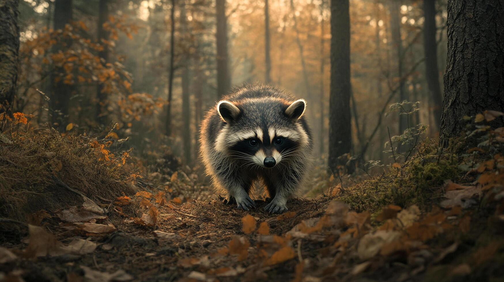 A raccoon ventures through a forest with tall trees and fallen leaves, creating a serene nature scene during daylight. photo