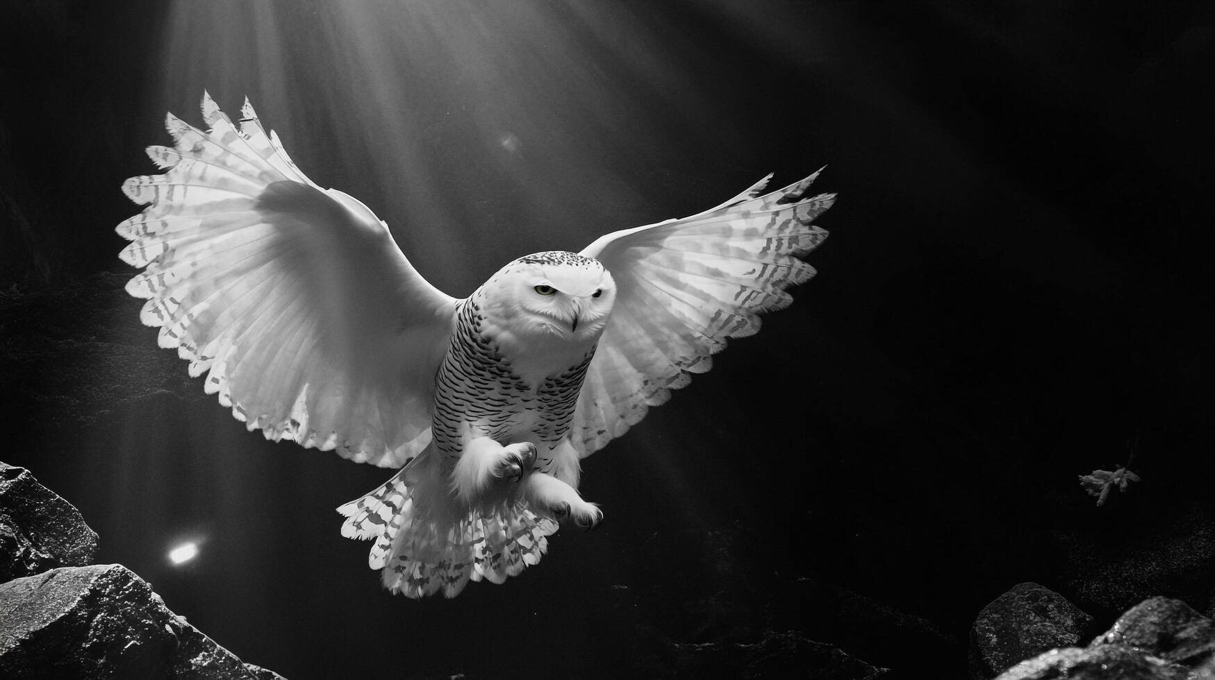 Majestic snowy owl in flight, wings spread wide, feathers gleaming. Black and white photography captures the power and grace of the bird. photo