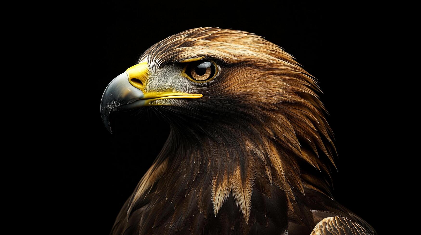 Majestic golden eagle portrait against a stark black backdrop, showcasing its piercing gaze, formidable beak, and regal brown plumage. photo