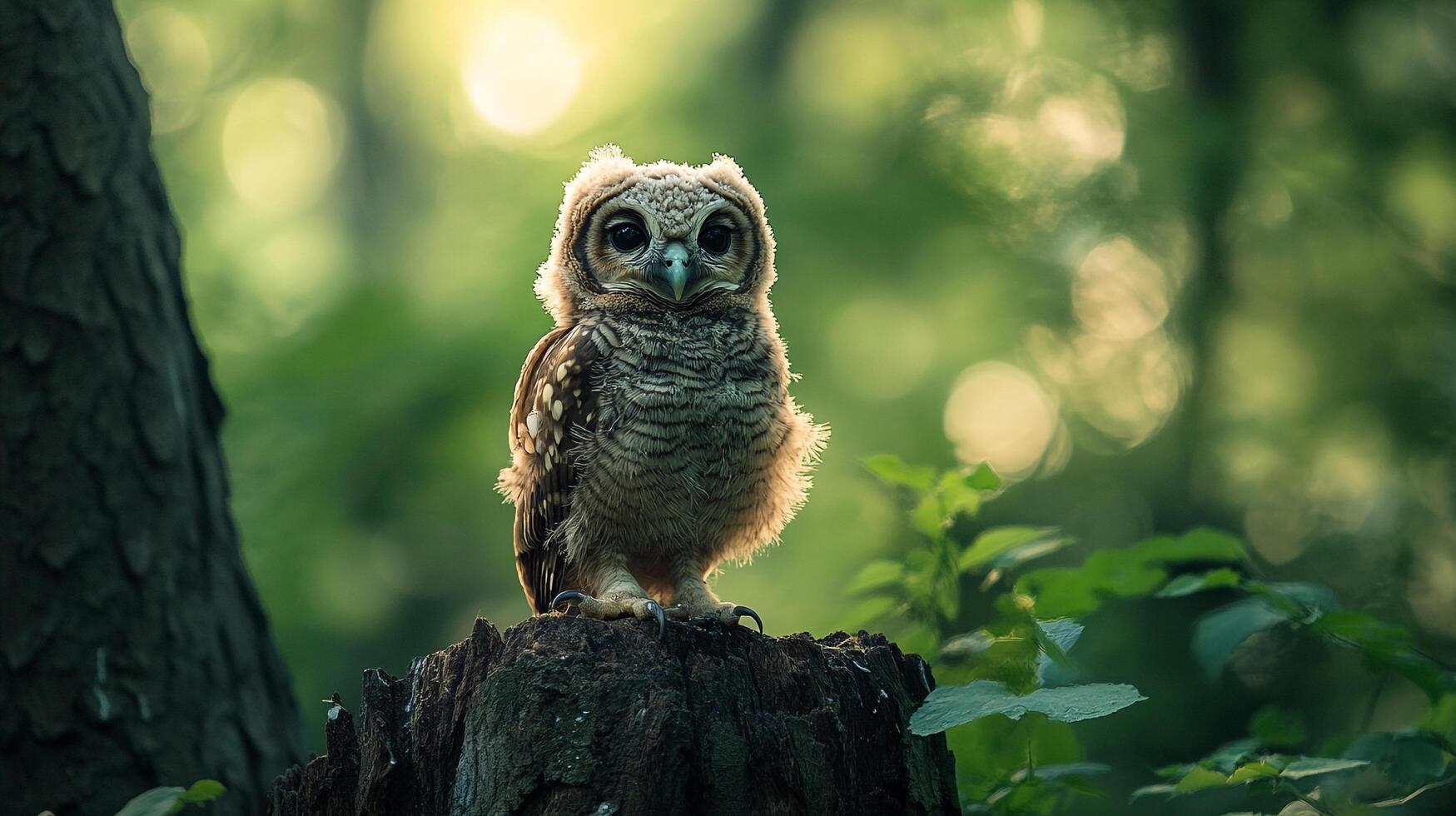 A young owl perched on a stump, gazing intently with wide eyes, in a lush, sun-dappled forest setting. Cute wildlife scene. photo