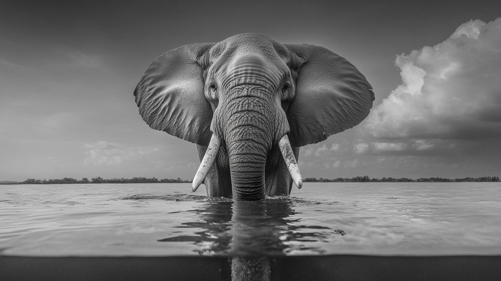 Majestic elephant emerges from the water, showcasing nature's raw beauty and power in monochrome. A stunning wildlife portrait. photo