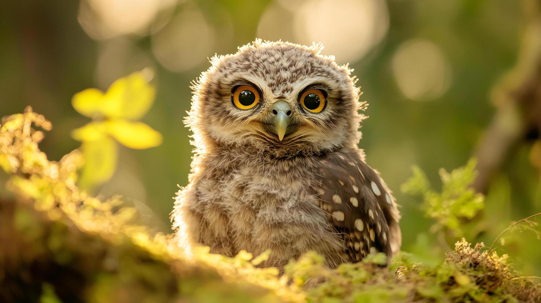A juvenile owl with big, round eyes gazes intently from a mossy perch, bathed in gentle light of a soft, natural woodland setting. photo