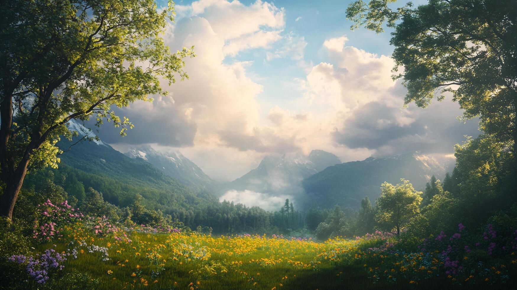 Serene mountain meadow with wildflowers and a majestic vista, inviting viewers to embrace nature's tranquility. Lush greenery abounds. photo