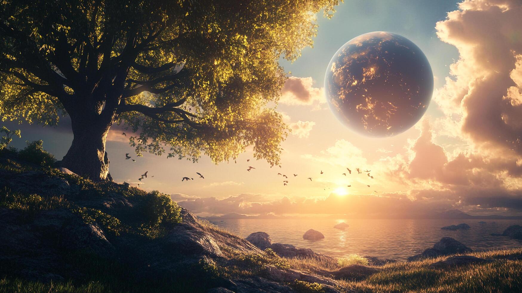 Idyllic landscape with a large tree overlooking a serene coastline, a radiant sunset, and a colossal planet dominating the sky. photo