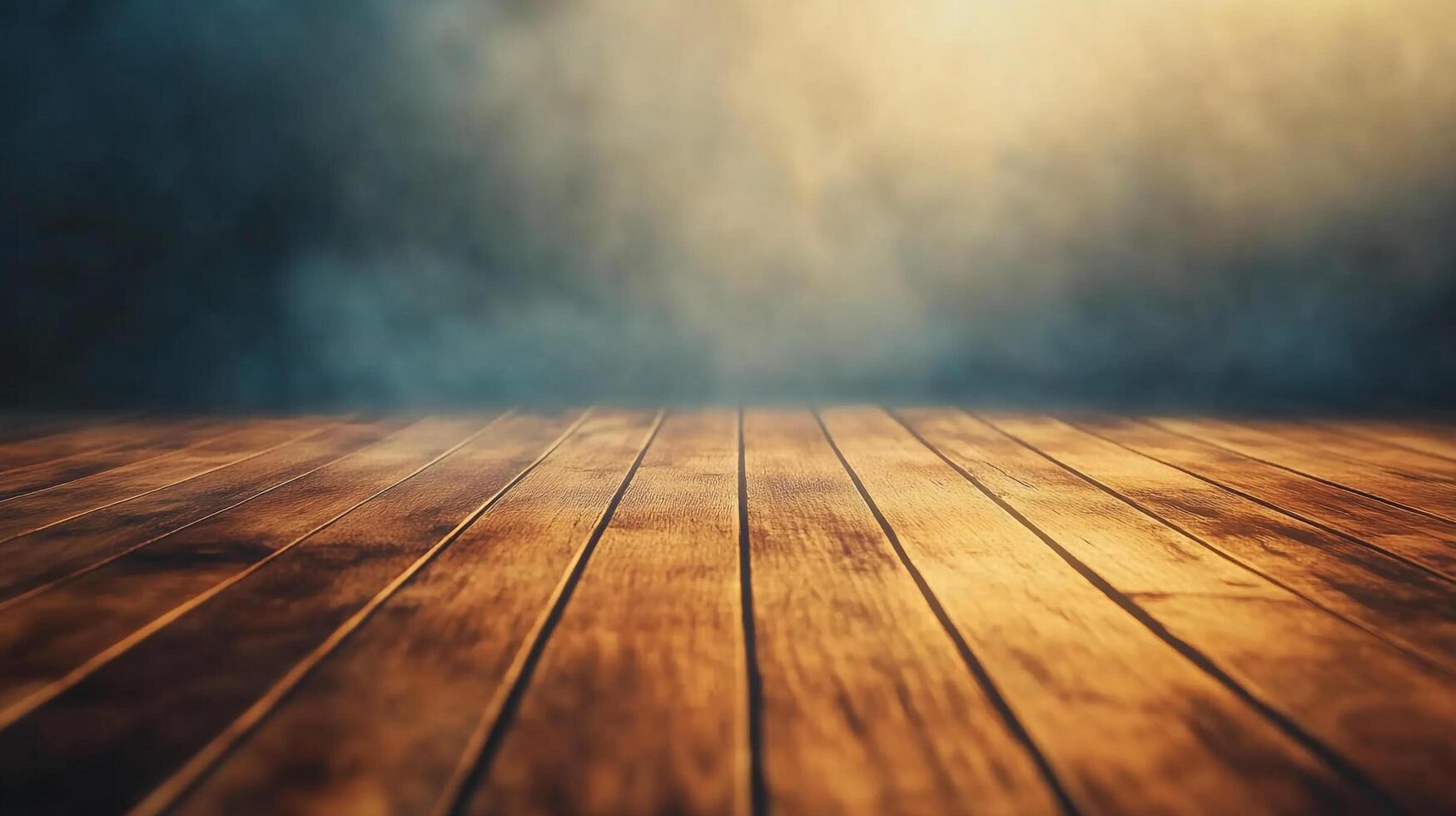An evocative image of a wooden floor stretching into a softly lit, smoky distance, creating a sense of mystery and spaciousness. photo