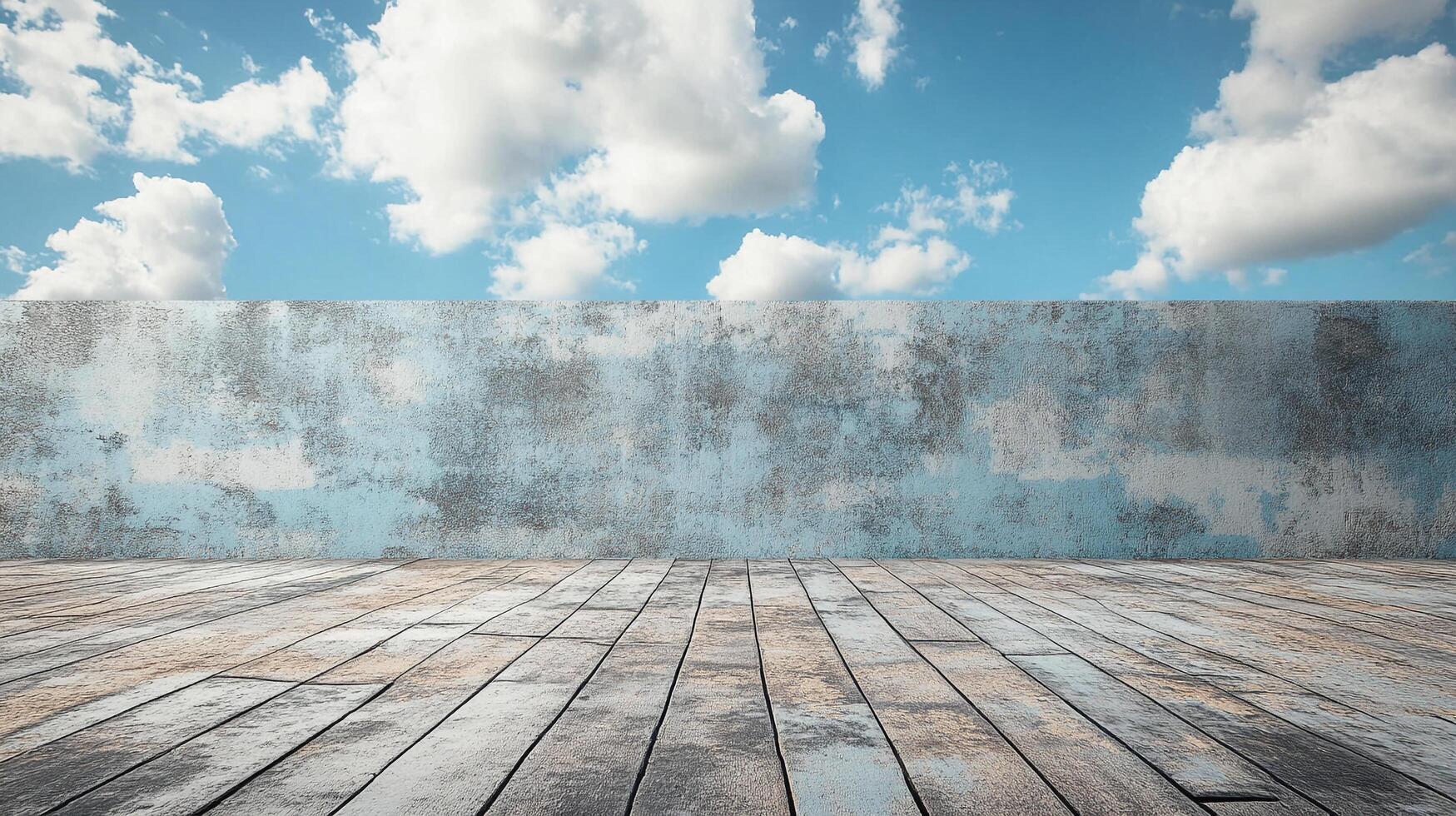 Rustic scene with aged wooden floor, weathered wall, and a blue sky dotted with fluffy white clouds above, creating a serene and inviting atmosphere. photo