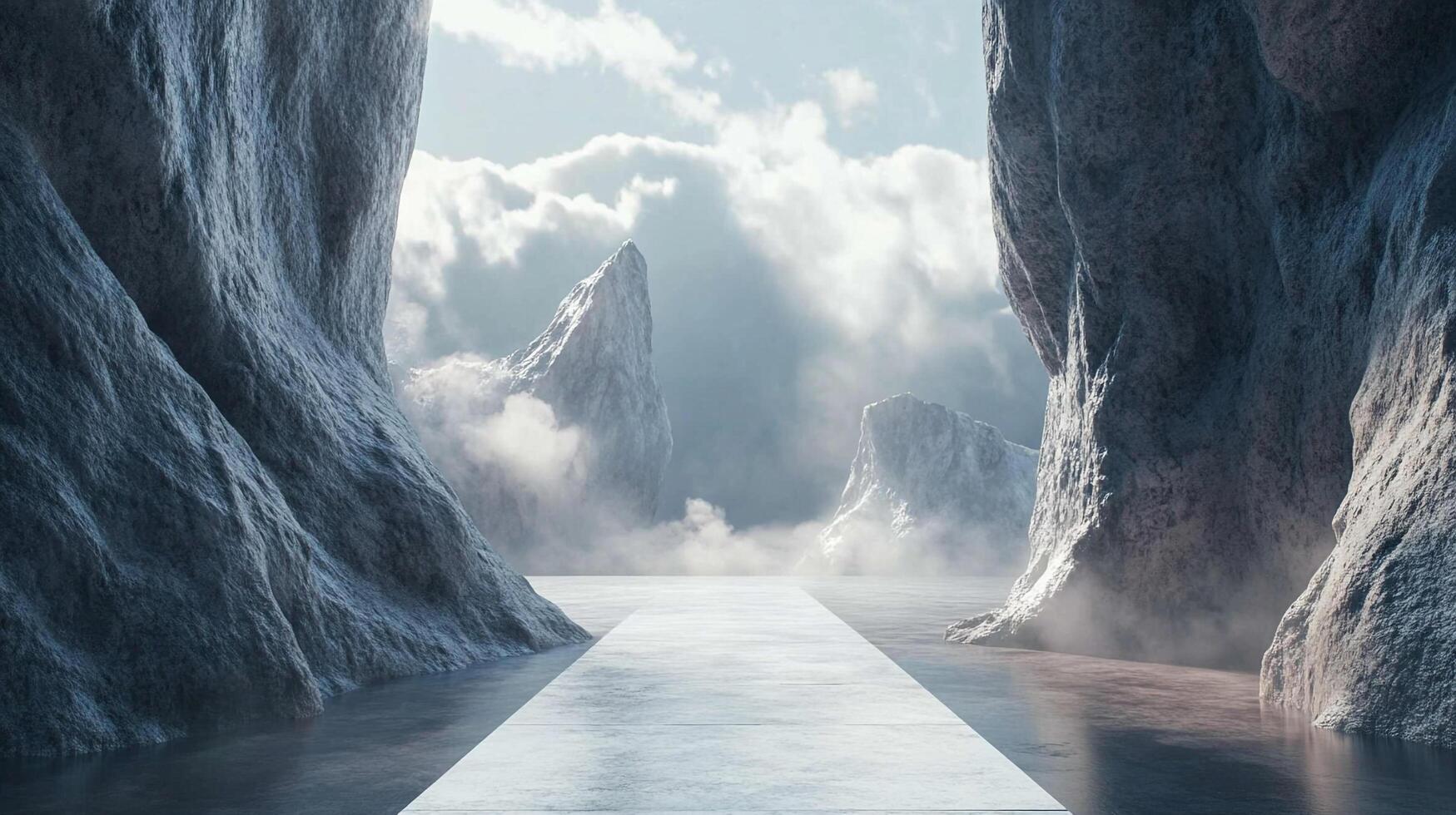 An ethereal landscape with towering cliffs, distant snow-capped mountains, and a luminous sky. A captivating display of nature's grandeur. photo