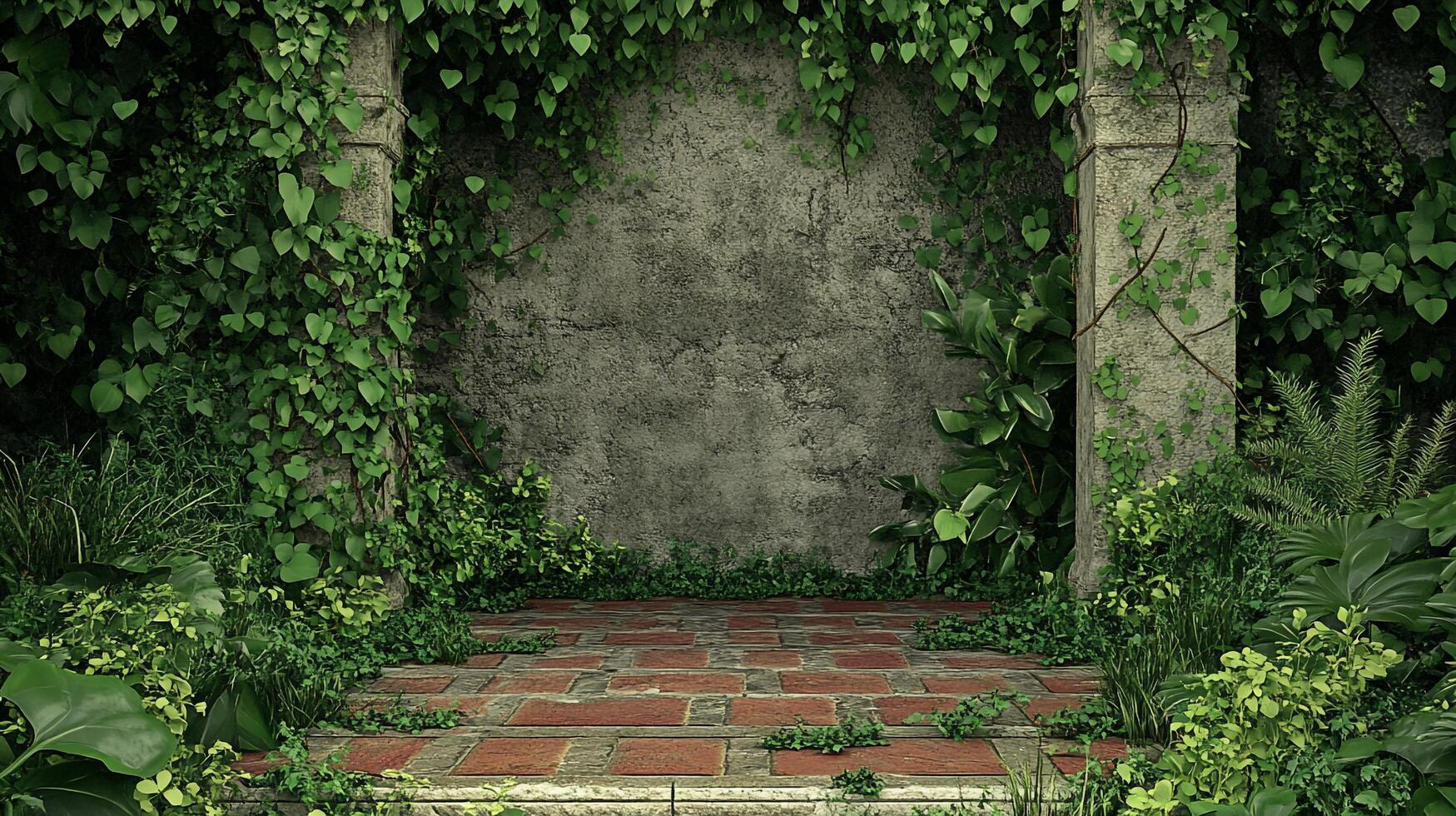 Overgrown stone pathway with vines and plants, creates a serene and natural scene. photo