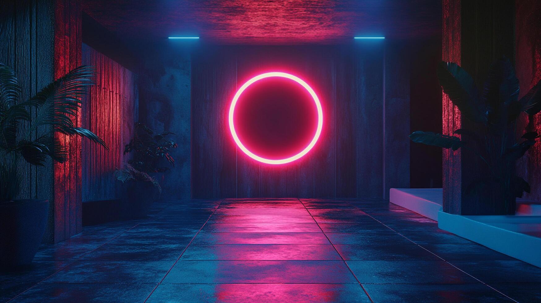 An otherworldly interior featuring neon circle, plants, with red and blue lighting, evokes a sense of mystery and tranquility. photo