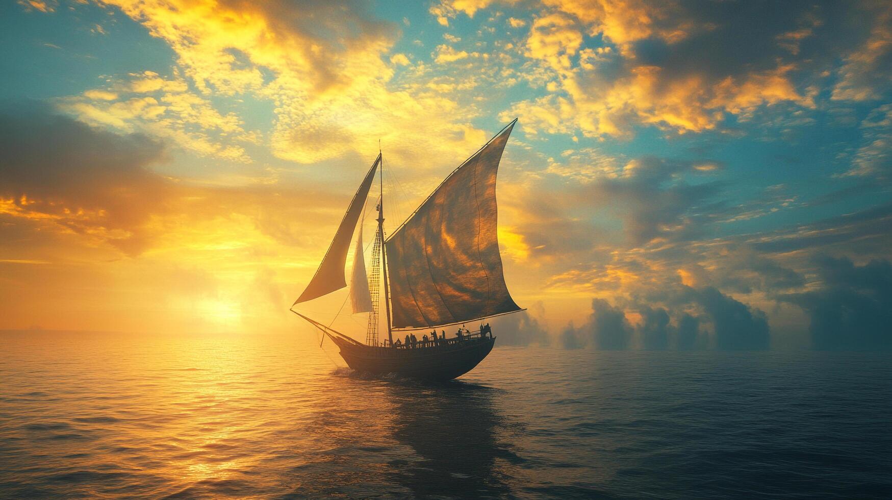 Sailboat cruises at sunset, illuminated by golden light reflecting on calm ocean waters under beautiful clouds. photo