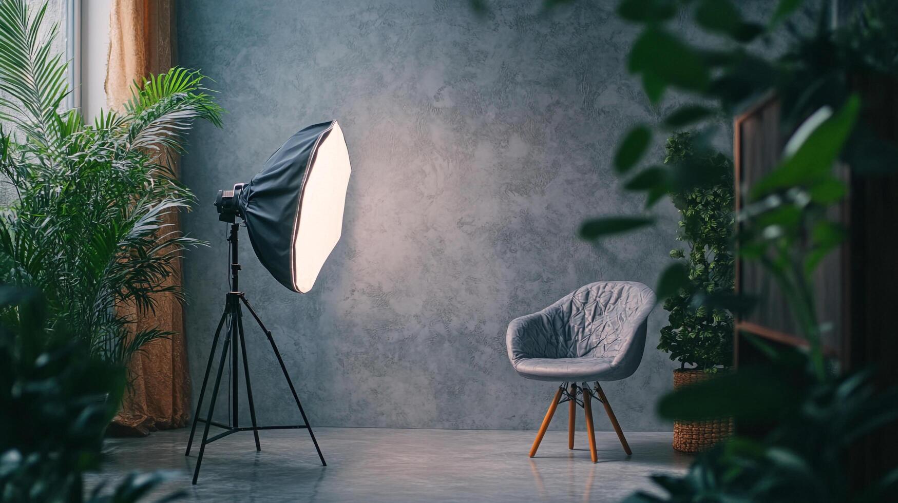 Photography studio setup with softbox lighting, chair, and plants. Ideal for portraits or product shots in a natural setting. photo