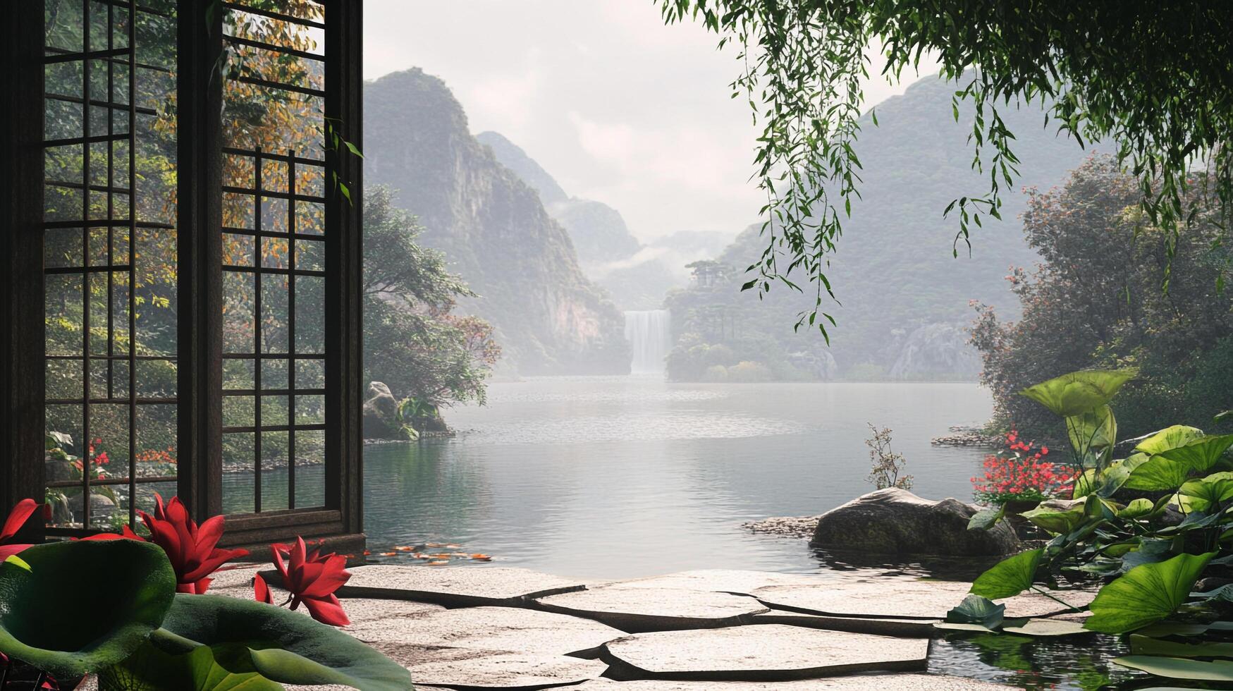 Idyllic landscape from an open window, featuring a calm lake, lush greenery, and misty mountains in the background. Serene and peaceful. photo