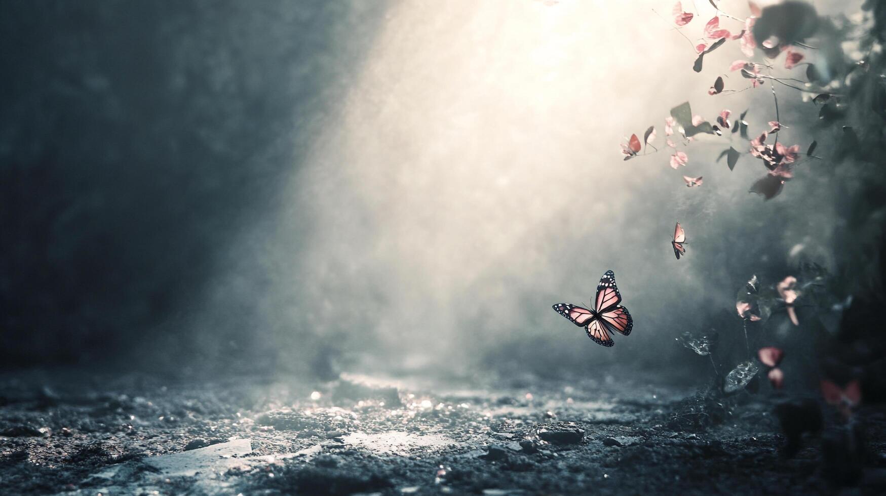 Butterfly emerging in a dreamlike forest, surrounded by blossoms in a surreal, ethereal glow. Nature's dance captured with wonder and grace. photo