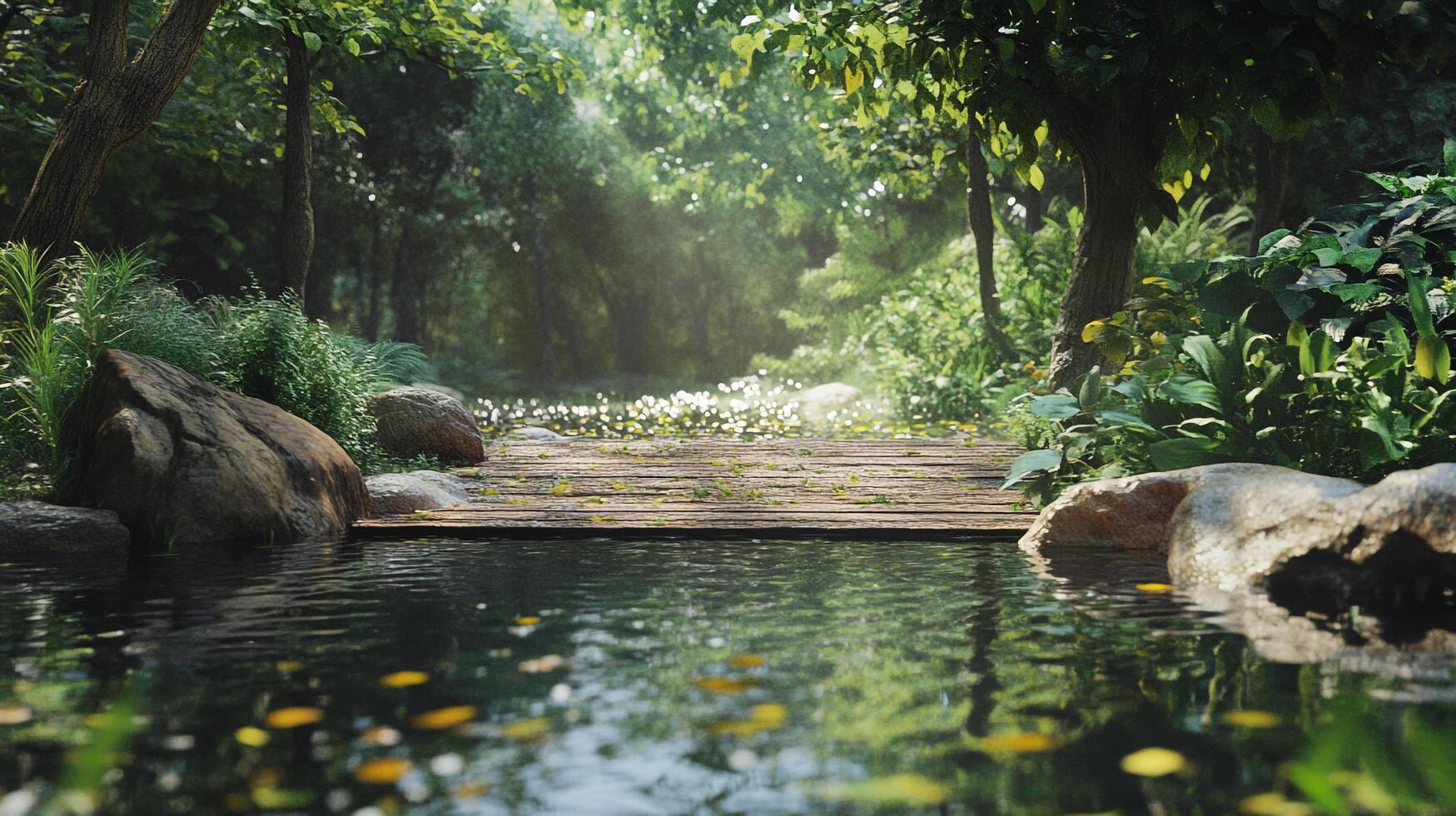 Serene view of a wooden bridge spanning a tranquil pond in a lush green forest, reflecting nature's beauty and offering a peaceful scene. photo