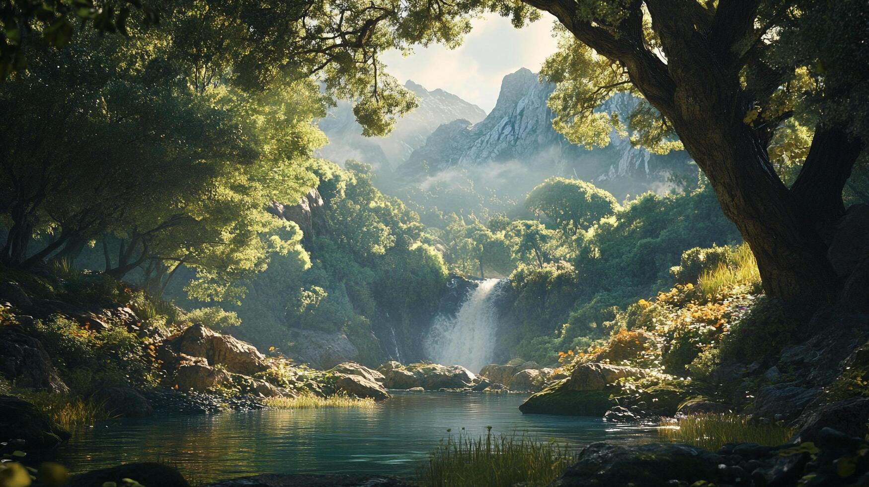 Lush green forest with a serene waterfall flowing into a tranquil pond, nestled among rocky terrain and framed by ancient trees. photo
