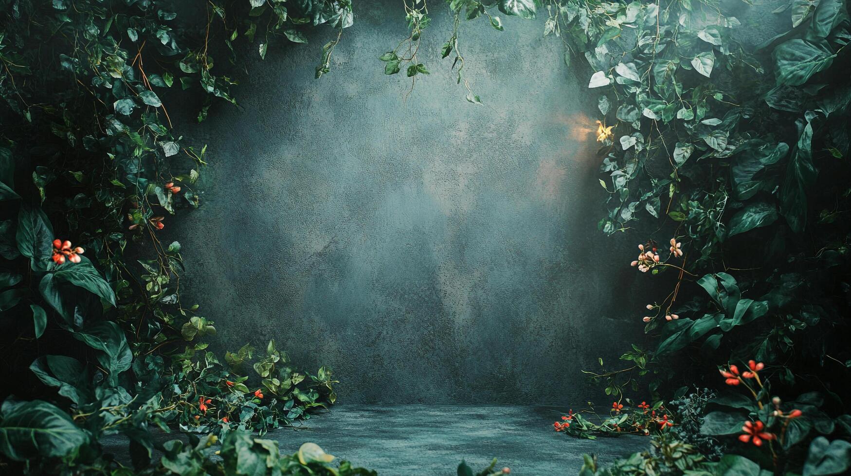 Lush garden path with a mossy backdrop, intertwining vines and verdant foliage creates a captivating, dreamy atmosphere. photo