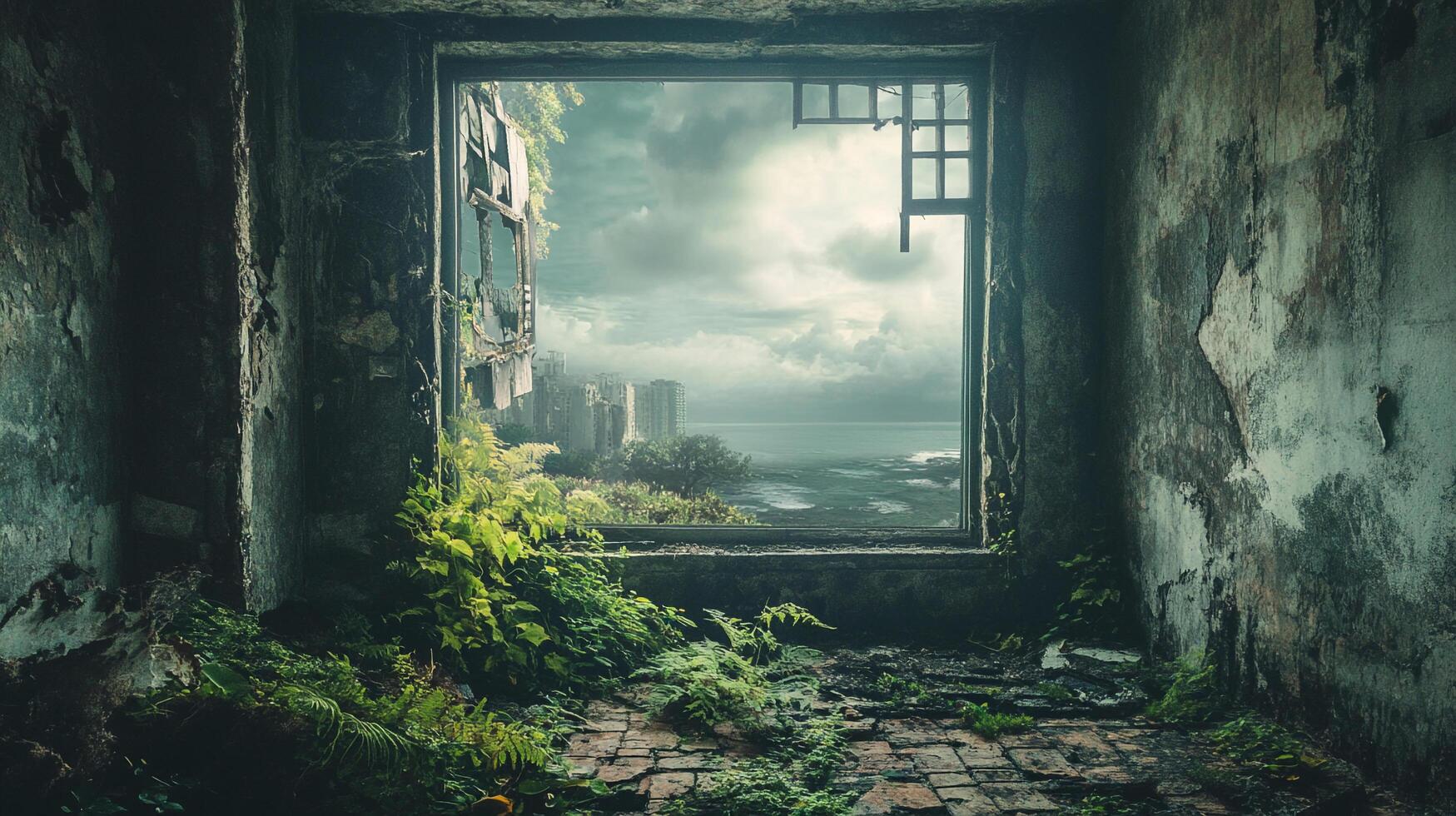 Overgrown ruins reveal a broken window overlooking a seascape, blending nature's renewal with urban decay under a dramatic sky. photo