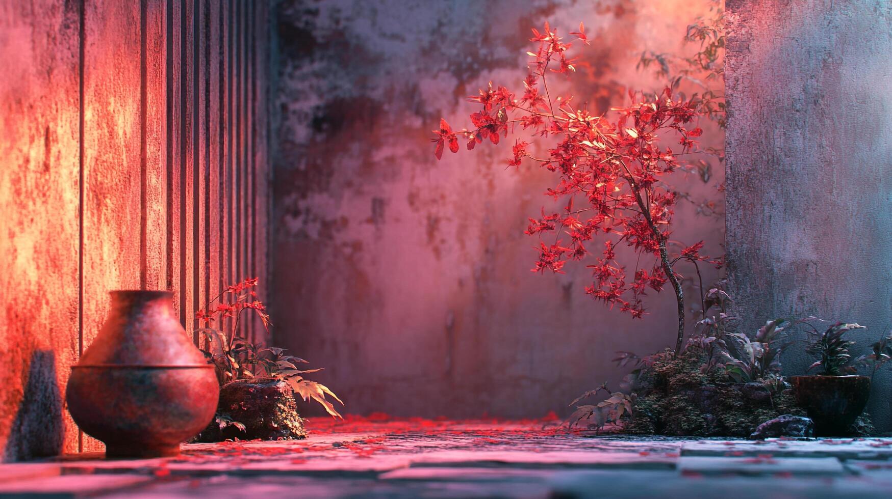 Red-hued zen garden scene with a small tree in bloom, aged walls, and moody lighting creates a tranquil atmosphere. photo