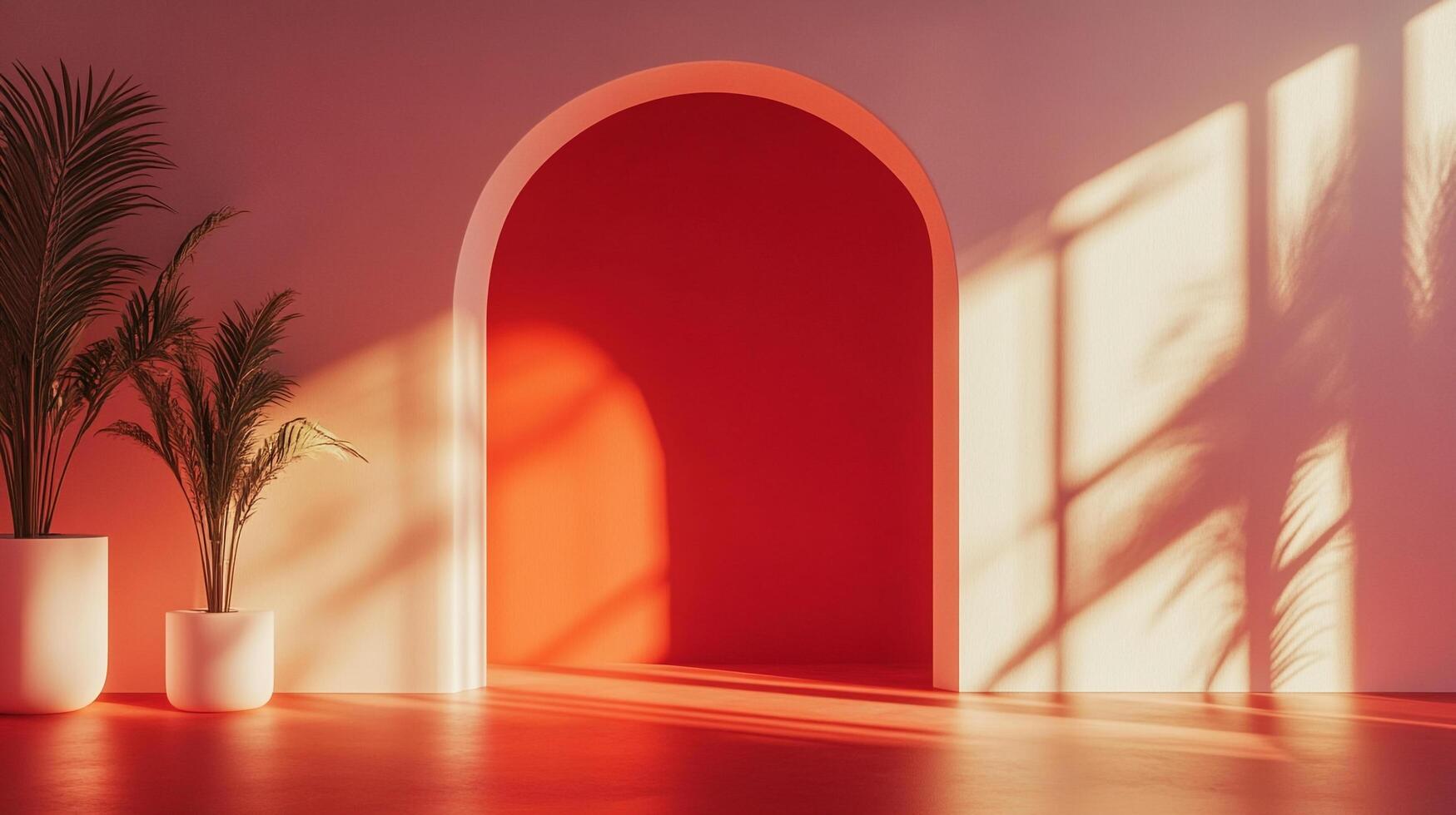 Minimalist interior featuring a vibrant red archway, bathed in sunlight, complemented by elegant potted plants casting soft shadows. photo
