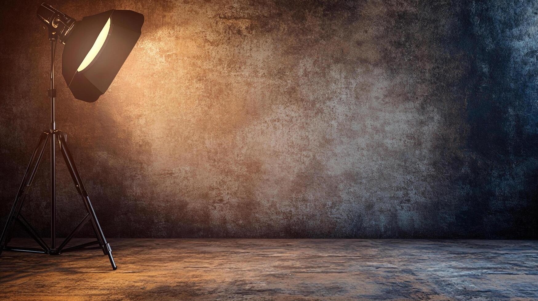 A studio lighting setup illuminates a textured backdrop. A single light stands on a tripod, casting a warm glow on the backdrop. photo