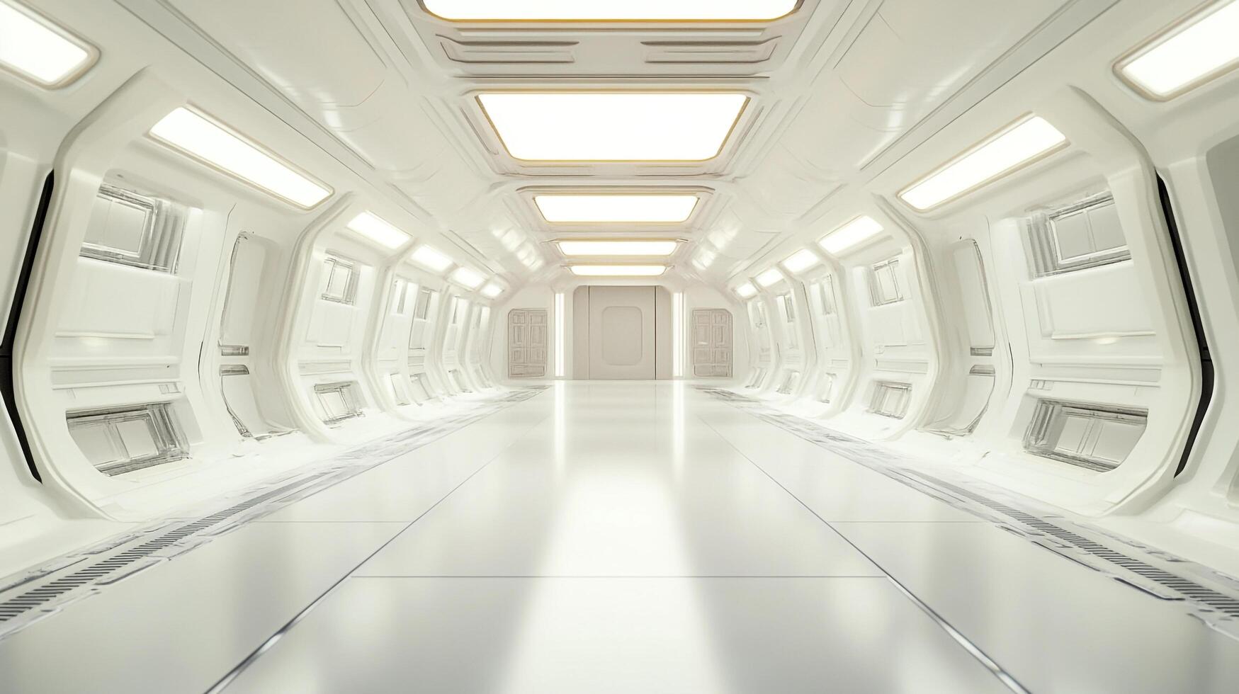 Futuristic, clean, and bright, this hallway with its white walls and illuminated panels creates a sense of sleek modernity and advanced technology. photo