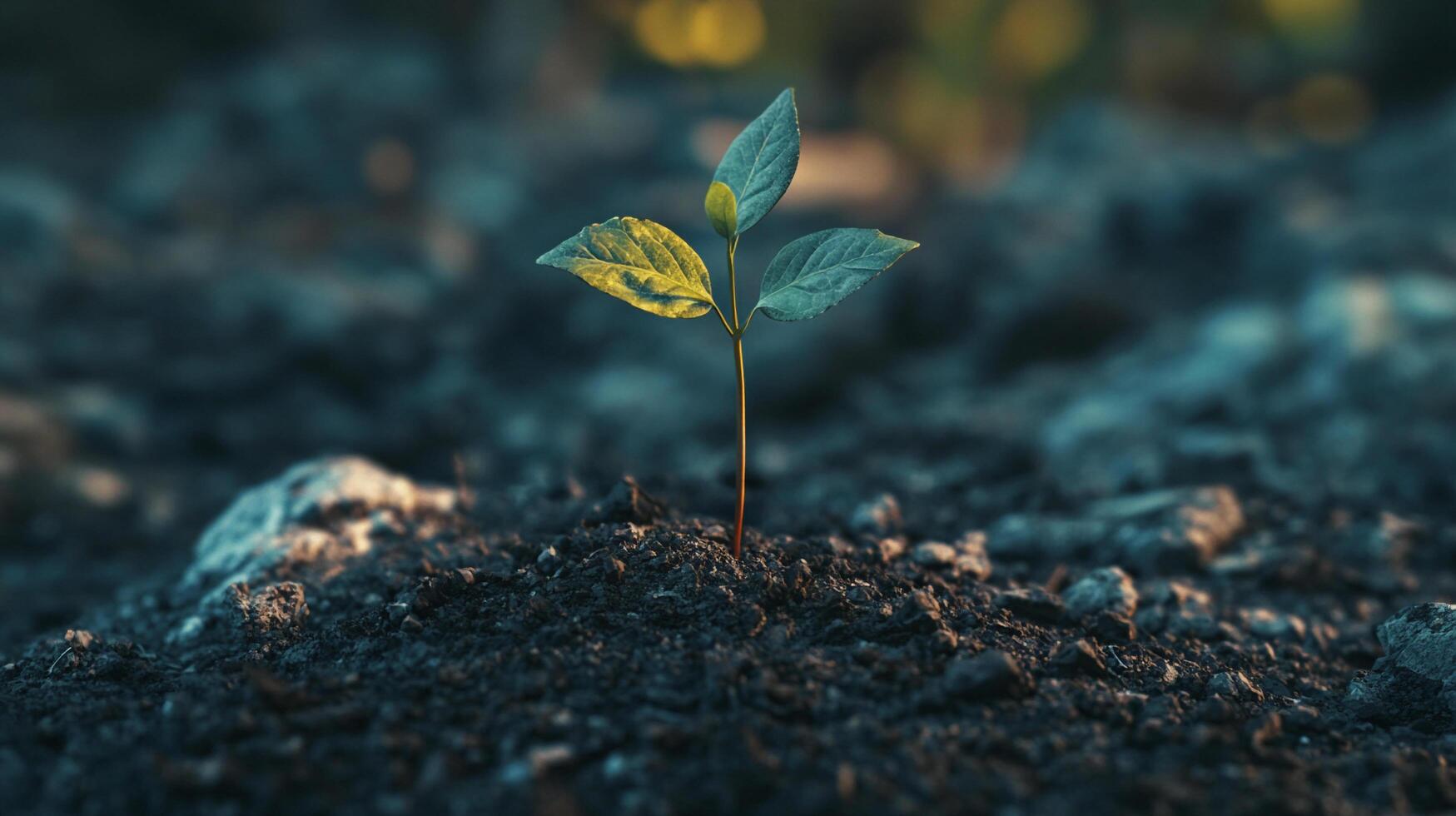A small sprout emerges from the dark earth, illuminated by sunlight. Symbol of growth, resilience, and hope for the future, environmental renewal. photo