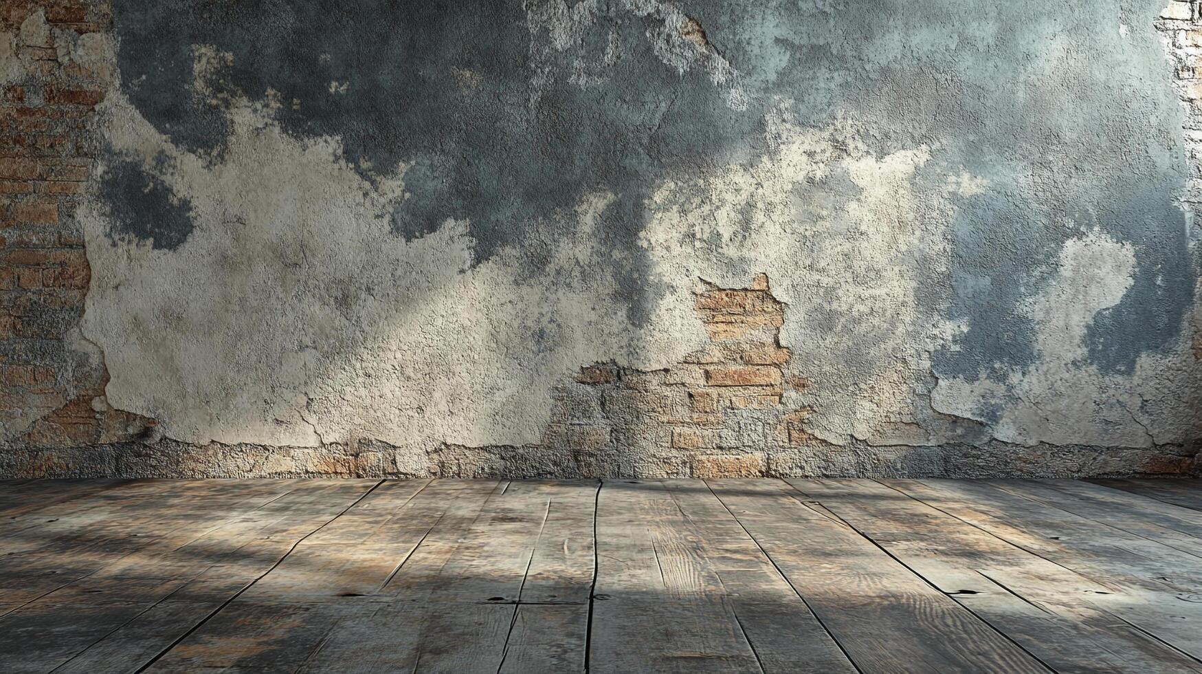 A weathered wall stands behind a rustic wooden floor, illuminated by a play of light and shadow, showcasing a scene of aged beauty. photo