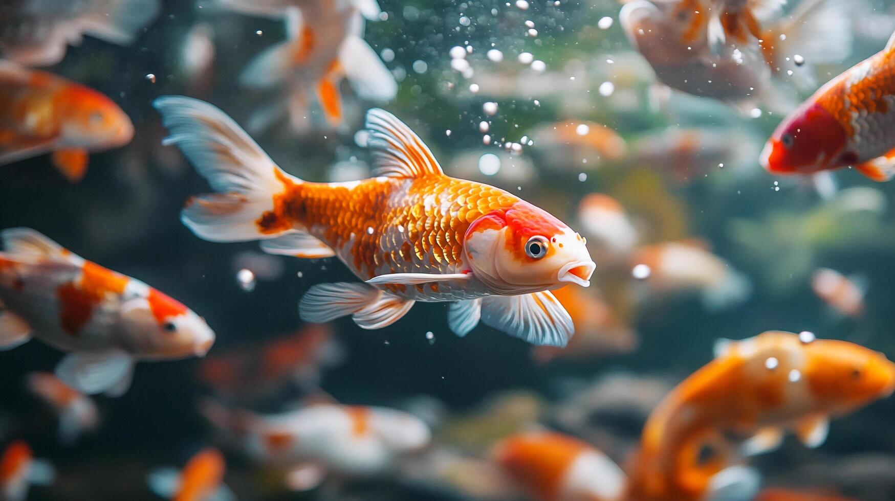 A vibrant school of goldfish swims gracefully, showcasing their orange and white patterns in a serene aquatic environment. Underwater bubbles glisten. photo