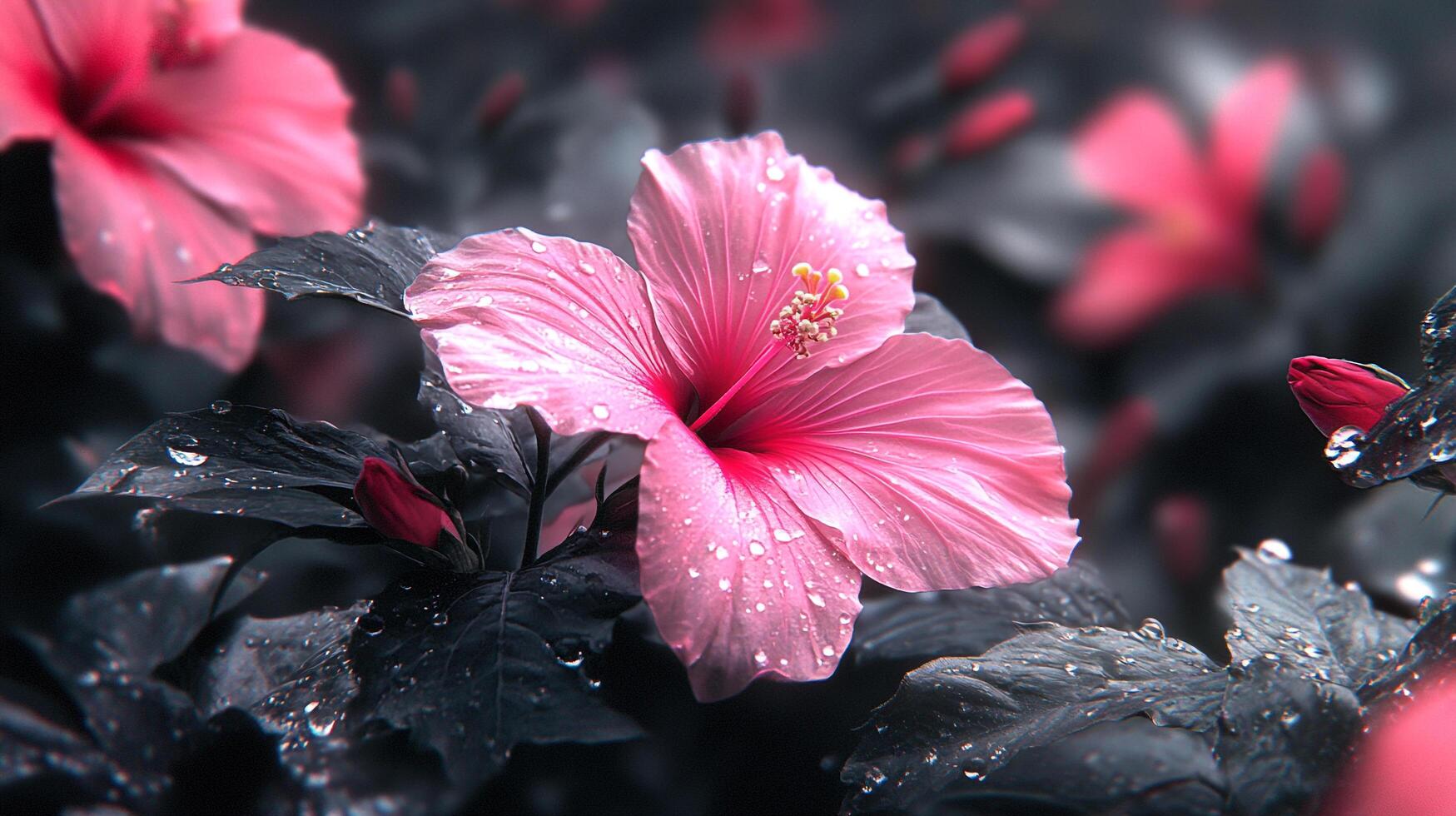 A stunning pink hibiscus blossom, delicately adorned with water droplets, set against a backdrop of muted foliage and soft lighting. photo