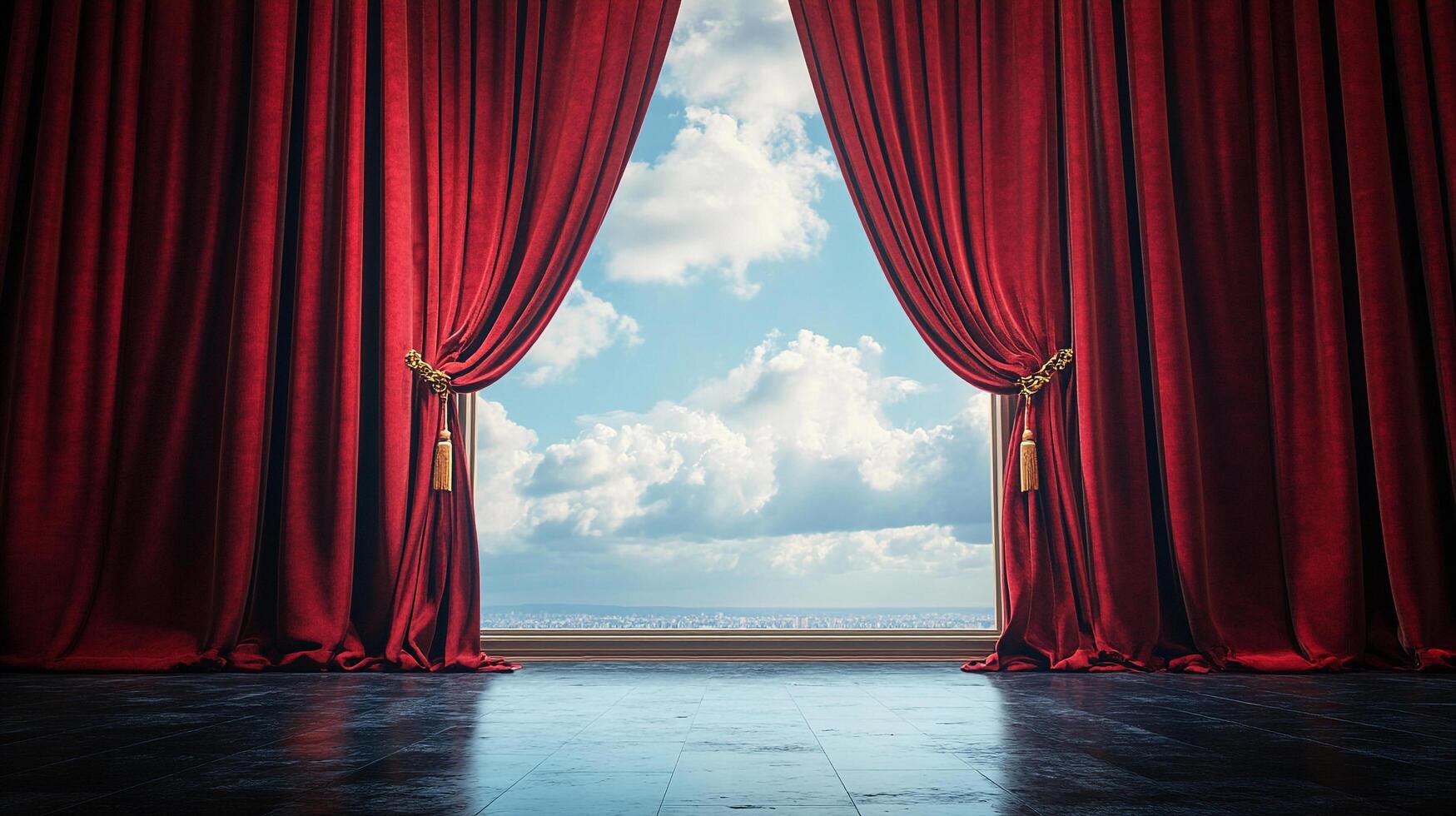 Dramatic red velvet curtains frame a window overlooking a cityscape beneath a cloudy sky, creating a theatrical and inviting atmosphere. photo