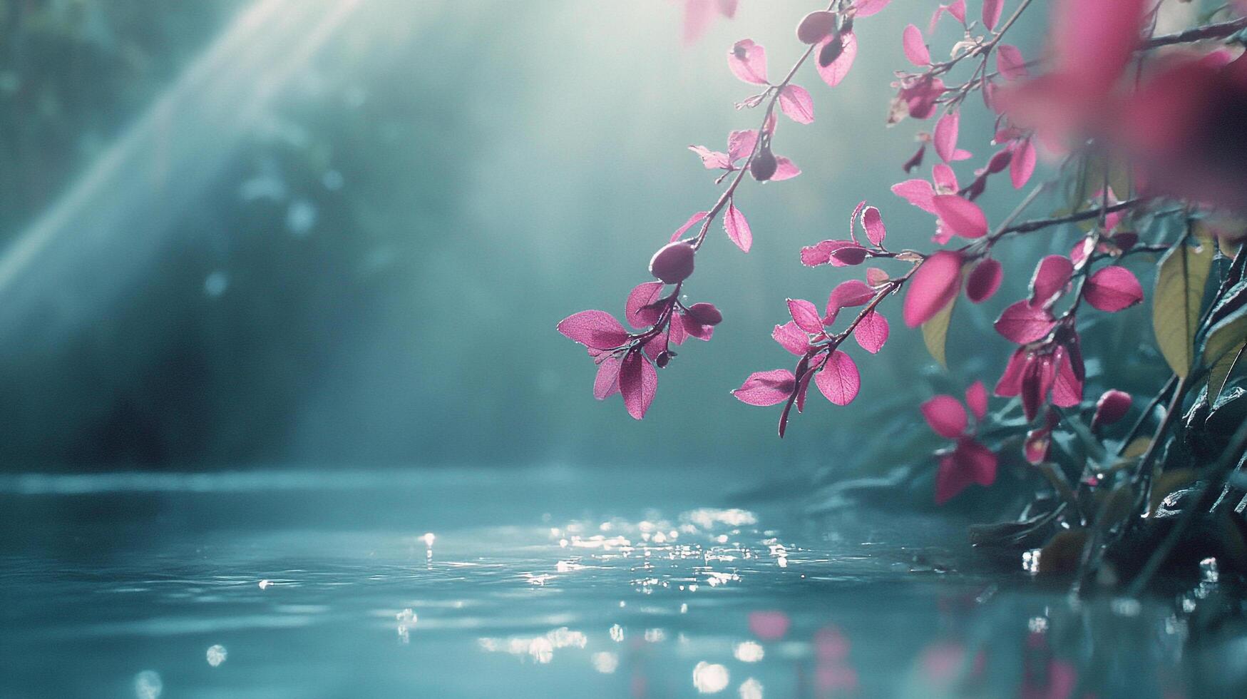 Sunlit pink blossoms reflect on water, creating a dreamy and serene atmosphere that evokes feelings of peace and natural beauty. photo