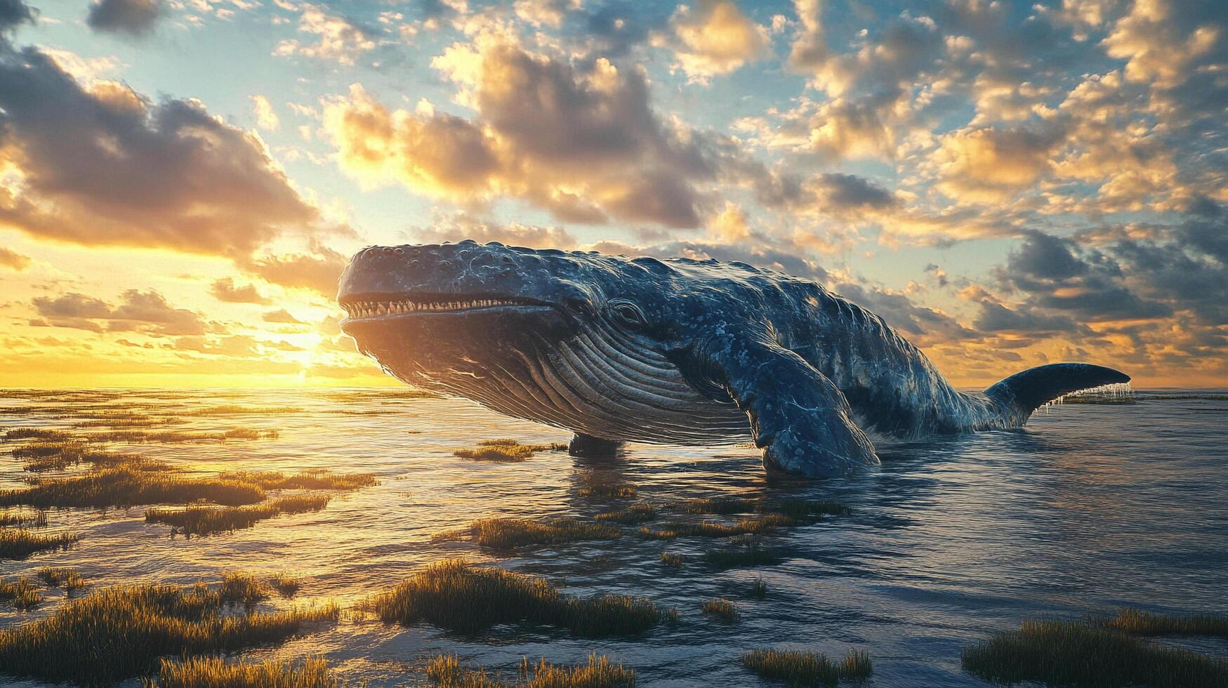 Massive whale emerges from the serene ocean at sunset, showcasing its immense size and grandeur against the vibrant sky. photo