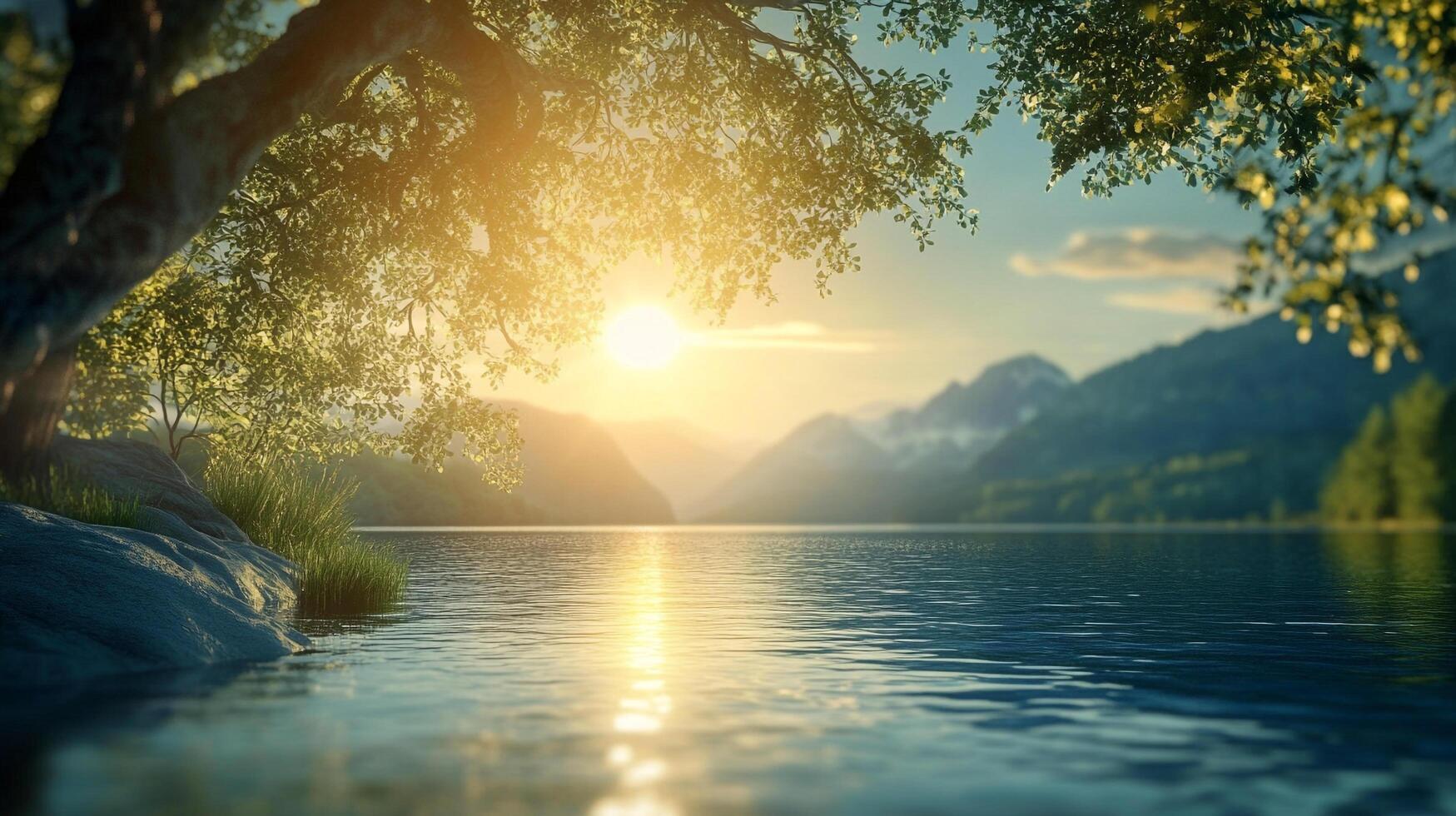 A serene lakeside view at sunset, with mountains in the background and sunbeams shining through the trees. Beautiful nature scenery. photo