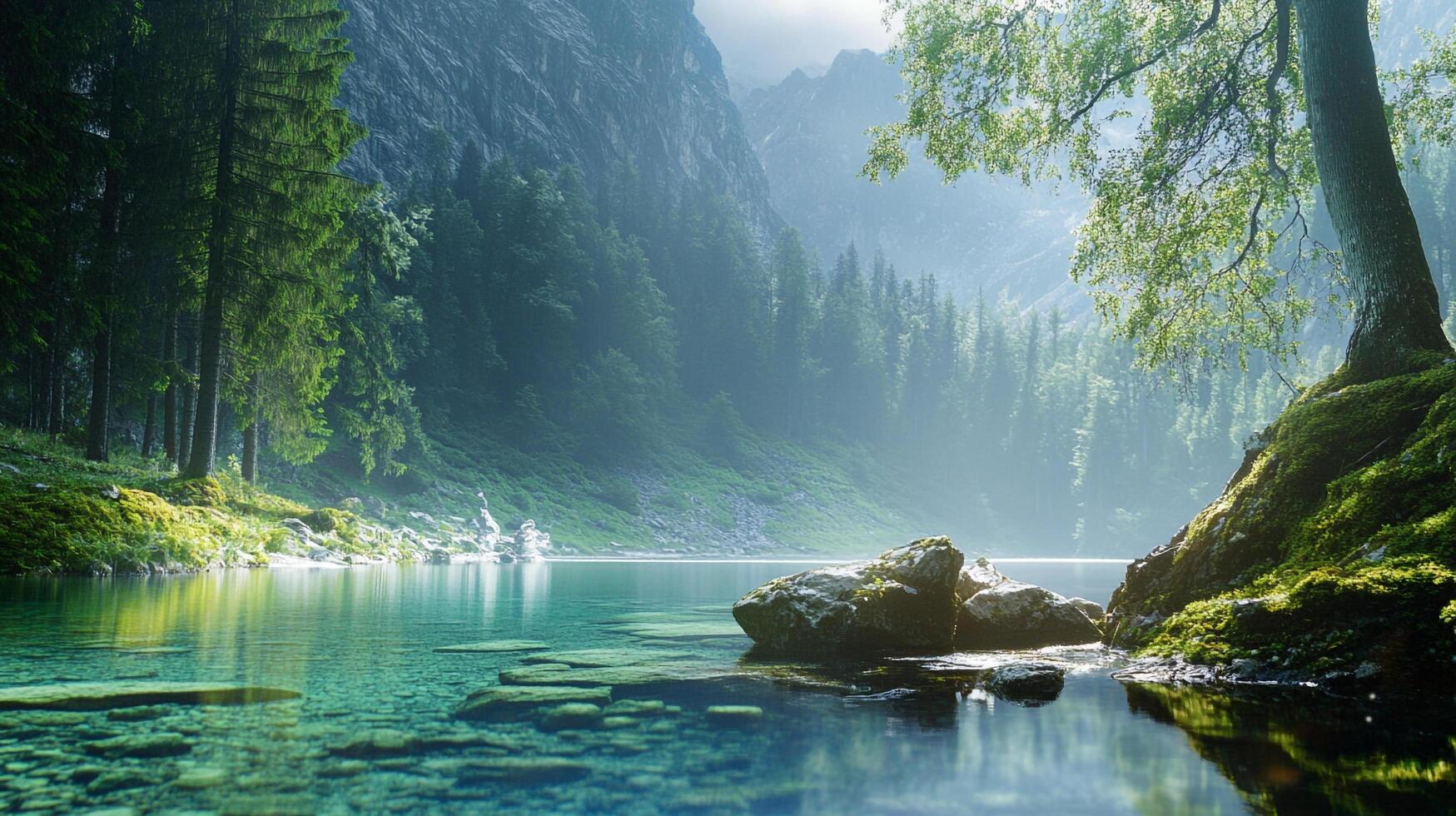 Tranquil mountain lake, crystal clear waters reflecting verdant forest and majestic peaks, bathed in soft, ethereal light. Serene nature scene. photo