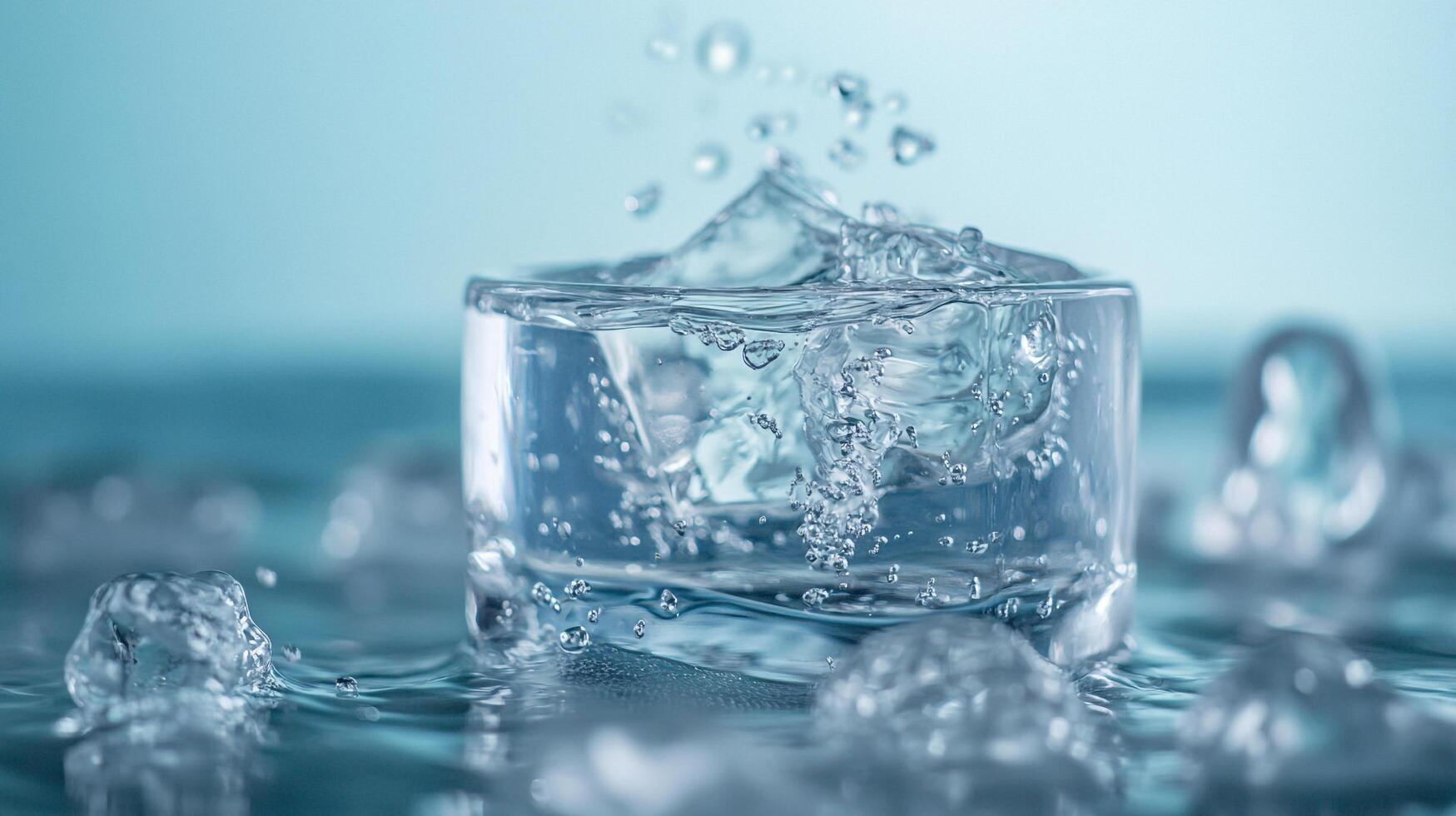 A glass filled with water and ice, with some of the ice outside of the glass as well, on a blue background. Refreshing and cool. photo