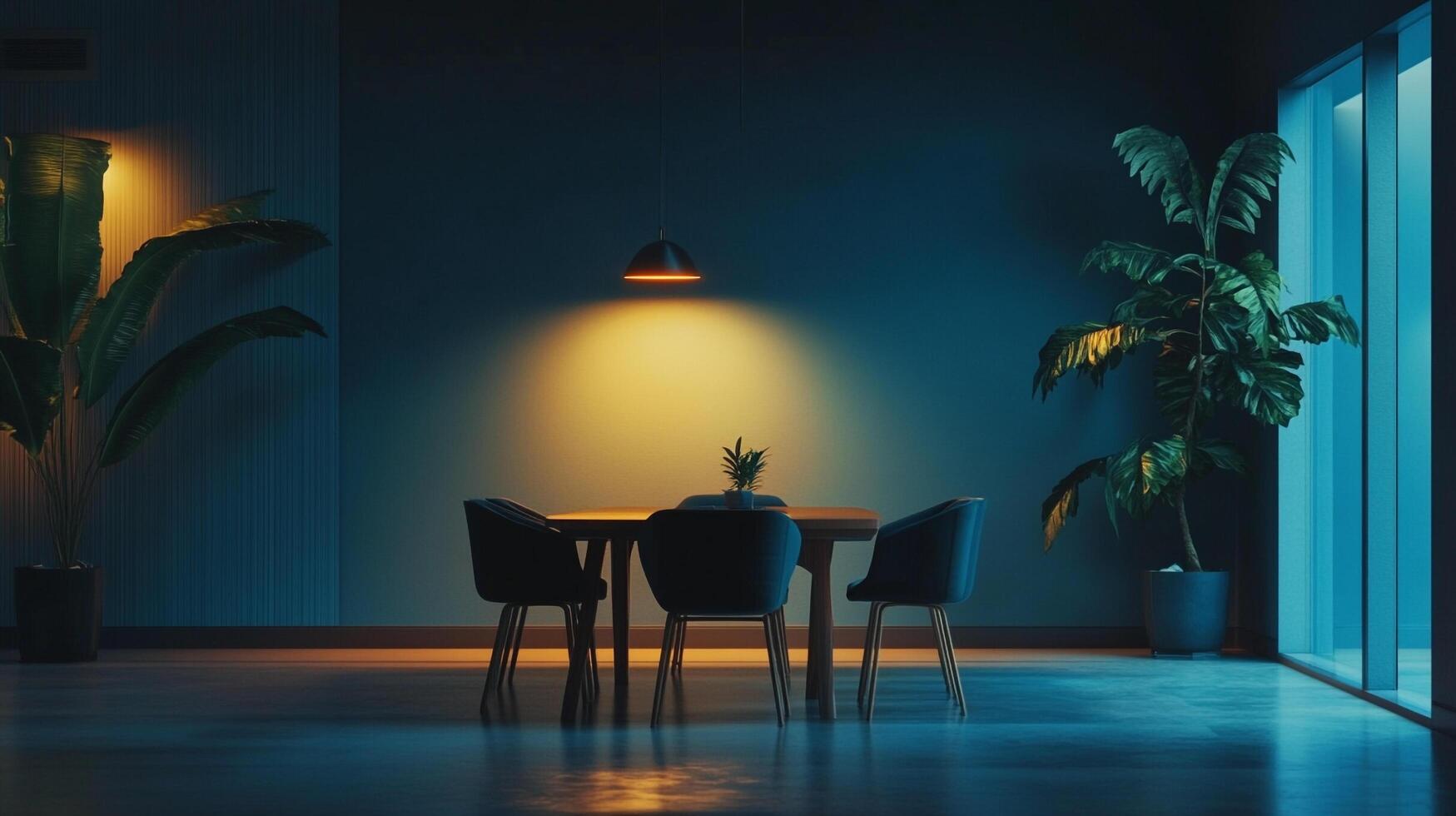 Modern dining space with plant accents and a cozy atmosphere. The light focuses on the table, giving a warm ambiance. photo