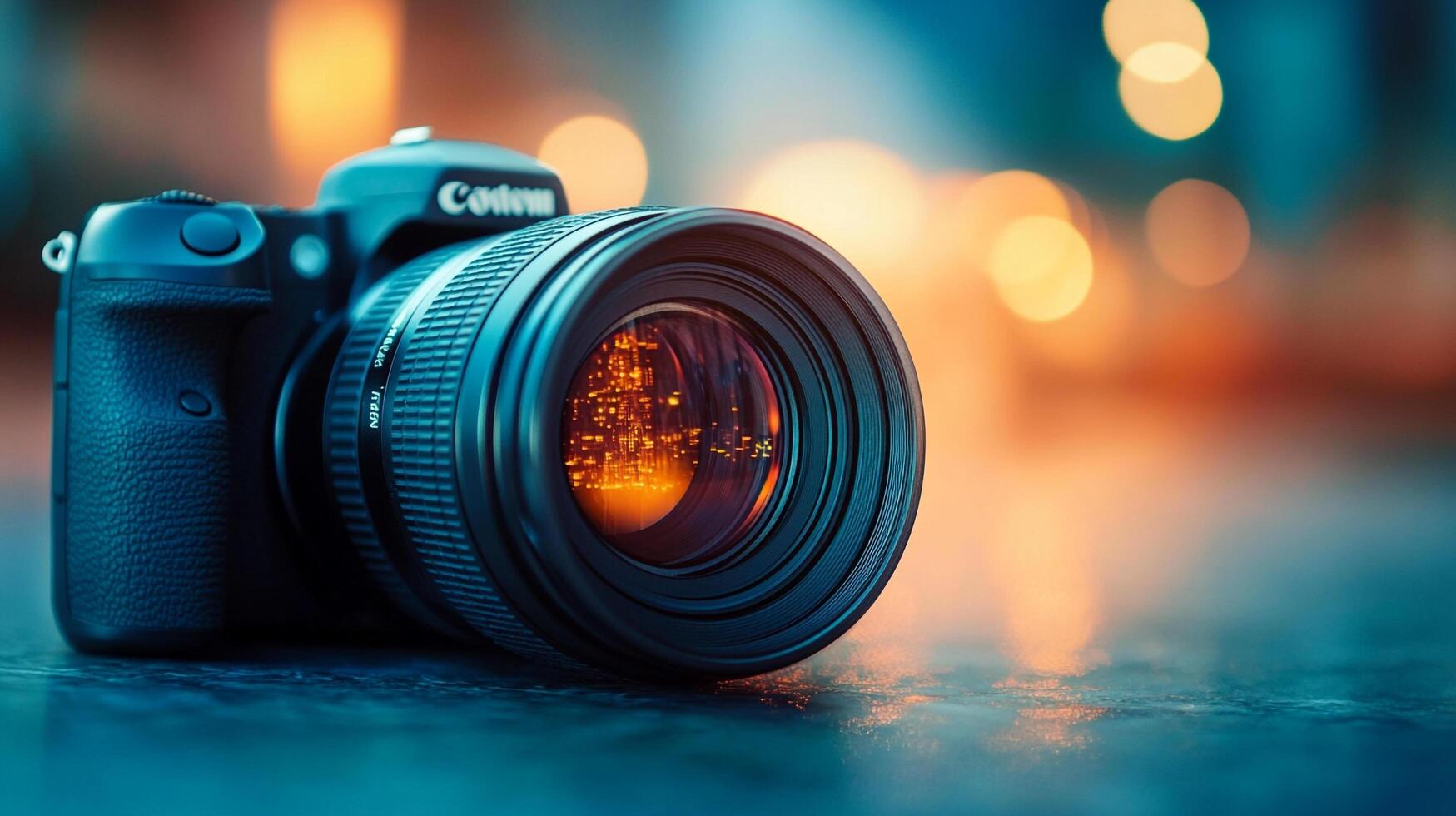 Camera lens captures a vibrant cityscape, blending technical precision with artistic vision, reflecting urban life and modern photography. photo