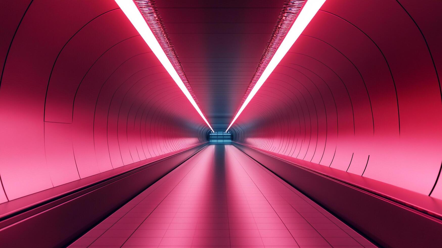 Illuminated tunnel with symmetric design and vibrant neon lighting effects, creating a futuristic and captivating architectural space. photo