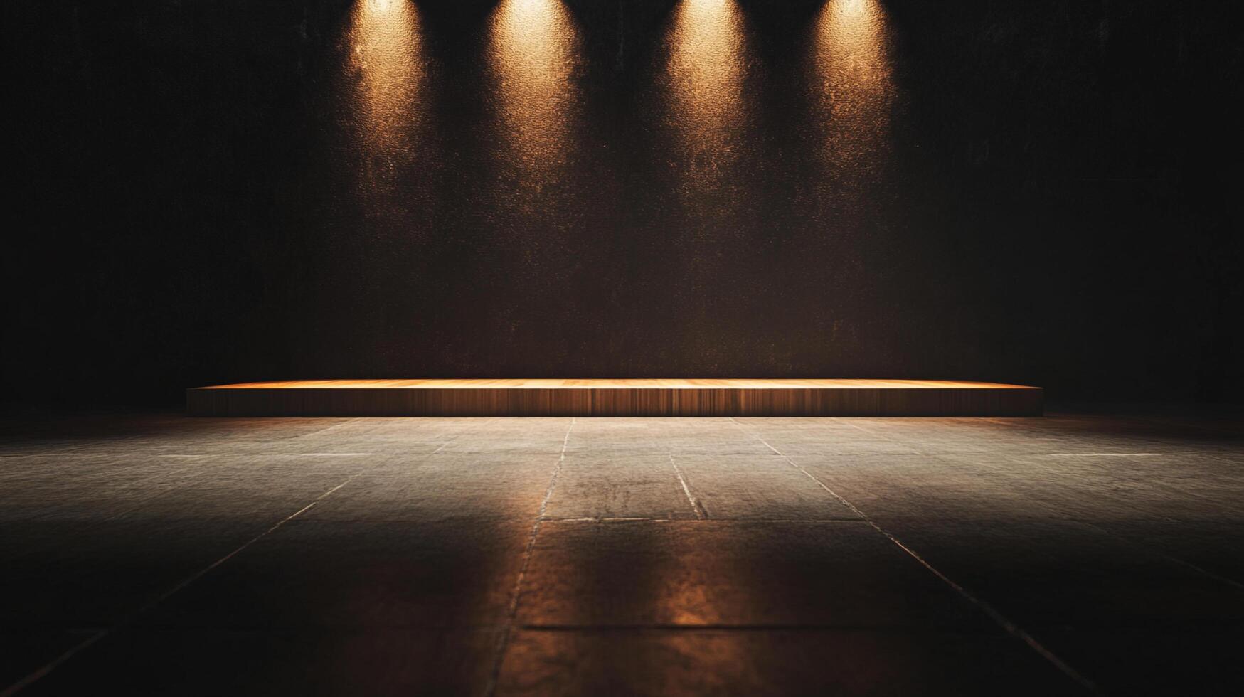 Platform illuminated with spotlights creating ambiance. The light reflects off floor in a moody setting. Stage for presentations. photo