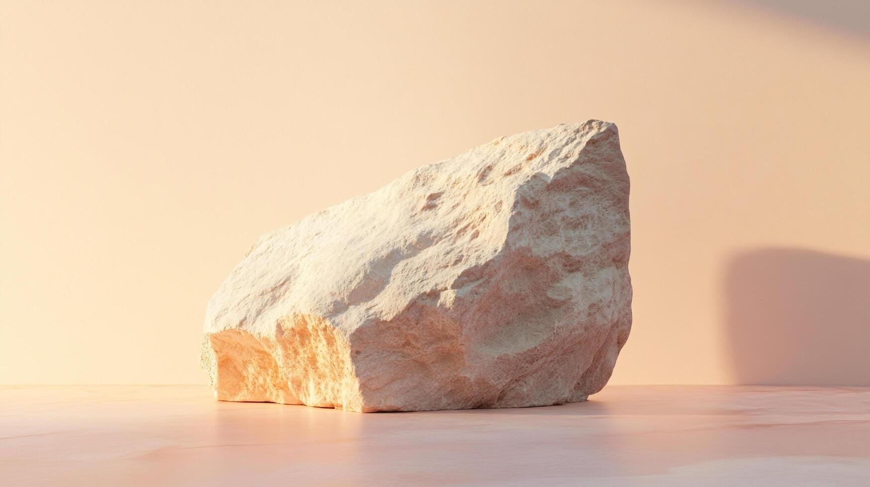 Sunlit rough stone block casting shadow, sitting against soft beige backdrop and floor, creating neutral, natural product placement scene photo